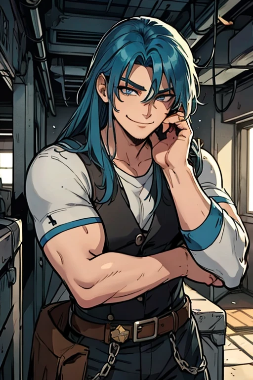 Perfect face. Perfect Hands. A muscular blue haired cowboy with gray eyes with long hair in a sheriff's outfit is exploring with a mine with a big smile