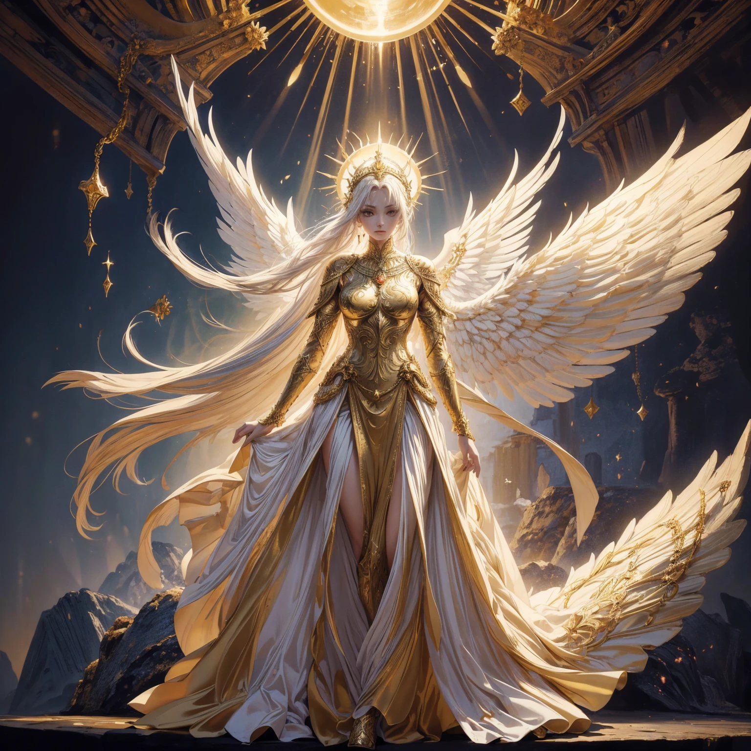Art of Woman Wearing Sun Crown, Wearing a gorgeous golden breastplate that exposes a small amount of skin above the chest, Wearing a gorgeous golden dress, A pair of giant angel wings taller than the body spread out behind the woman., ancient goddess art, Sacredness. Very detailed, Mysterious inspiration, Inspiration from the Sun God, Religious inspiration, A divine background, Cold and snobbish face, Dangerous expressions, White hair, Standing pose floating in the air, Full body portrait, Gothic art style, Weird art style, Occult art