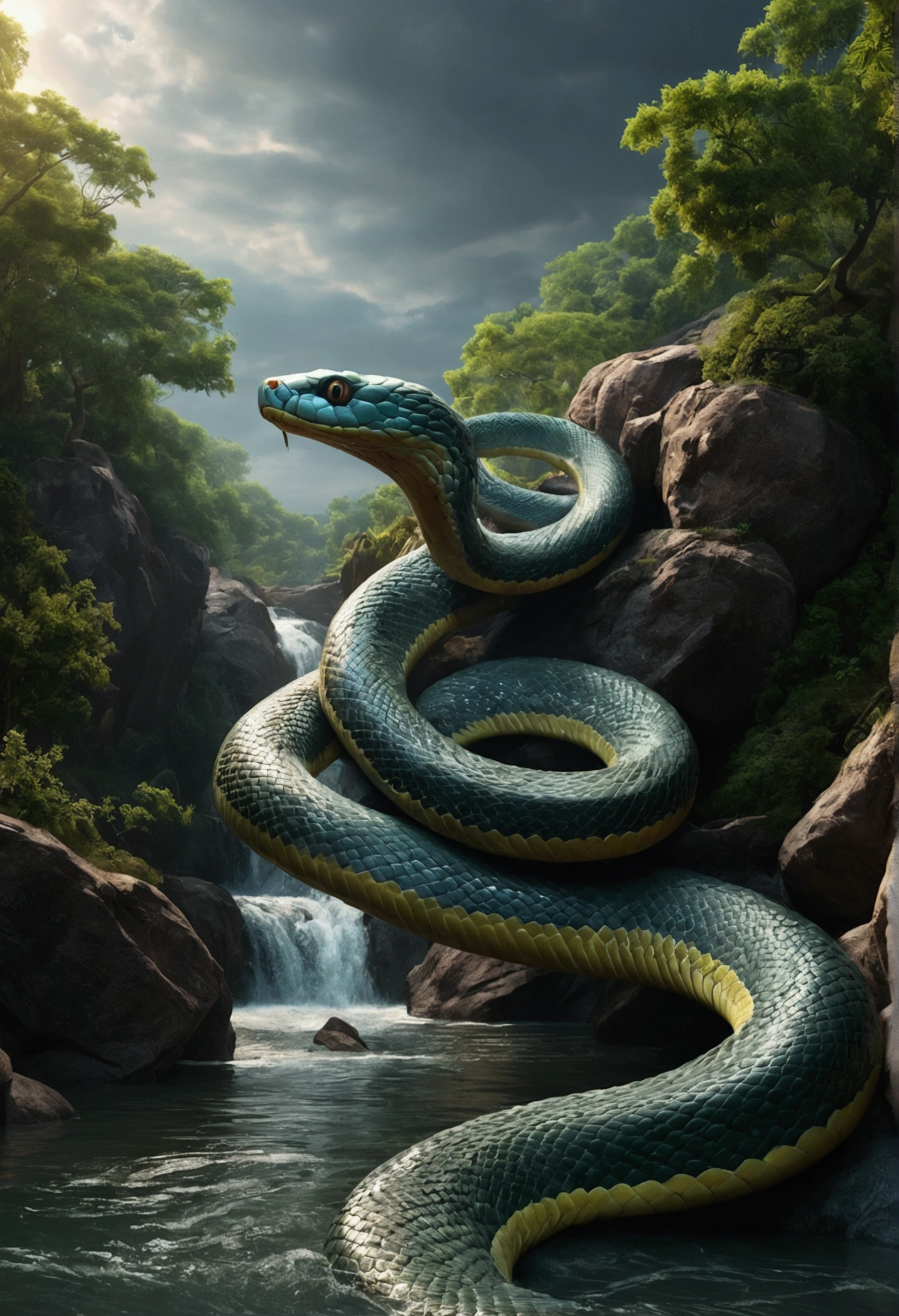 (((go))) Highest quality, Ultra-high resolution, 4K fine CG, masterpiece, ,snake,Multiple heads, Hydra,coming out of the river,river, stream, Hindu mythology, ((coming out of the river) ) Hindu, beautiful, Beautiful images, In the center of the screen