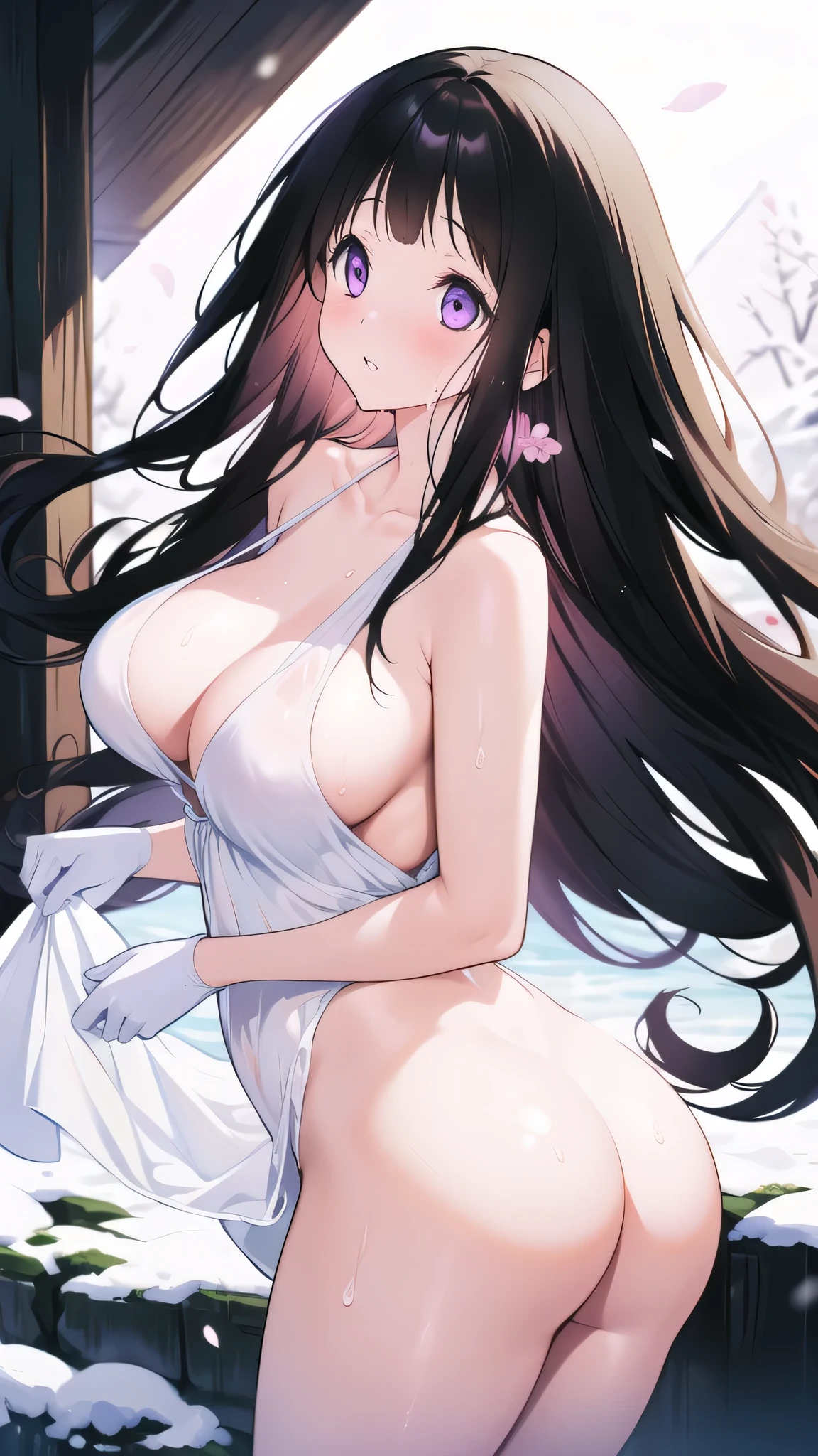 Amazing Chitanda, There is only one beautiful girl,Purple Eyes, Black Hair, Very red face,Very white skin,Glowing skin,Skin as delicate as porcelain,Naturally straight hair, Straight bangs,Extremely refined,Open lips,Long flowing hair,Beautiful Girl, Like a dream,Slim,Slim waist,soft, (sensuous), (Kawaii), Dream quality,Beautiful big breasts,White transparent loose dress,areola,Completely naked,Lower edge of breast,White gloves,Flower decoration,Deep V neckline,Loose neckline,Wide neckline,In school,The wind blows the hair,Place your hands on your inner thighs,Thighs clamp hands,Wet skin,Sweaty and sweaty,Sweating all over,On the snow,Back to,Hips,Side body,Gluteal groove,Completely naked buttocks,Bare back,Completely naked back,Light transmission,(no pants),nopan,pussy juice,Bare shoulders,There are no shoulder straps,Bare neck,Exposed collarbone,Exposing breasts,Exposing breasts side,Exposing breasts,Show your waist,Show your buttocks,Show your thighs,Exposing the groin,(No pants),extremely shy,Ultra-high resolution, (masterpiece:1.2, best quality), (Delicate and beautiful eyes: 1.2), (Beautiful and delicate face)