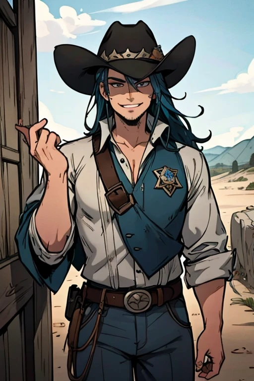 Perfect face. Perfect Hands. A muscular blue haired cowboy with gray eyes with long hair in a sheriff's outfit is exploring with a mine with a big smile