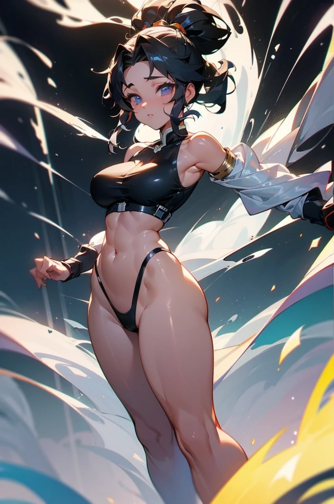 (whole body、Are standing、Head to Toe:1.3),(1 female:1.2),(Black Hair、High Ponytail、Muscular Woman:1.1),(Front lighting:1.2),with a Silver body and glitters with lights above,Extreme iridescent reflection,in the style of truth tracing,Vibrant manga,Shiny/ Shiny,rococo pastel,Fluid shape,Tiny Core,A fluid impression,truth,Mechanical Aesthetics,Yang Juncheng,Silver,Shiny eyes,Fluid shape.,Young warrior,hair ornaments, Large Breasts, belly button, Big Ass, Unparalleled beauty,Extraordinary sexy beauty,(Beautiful body like a model),Sexy pose,Very sexy outfit,Captivating look