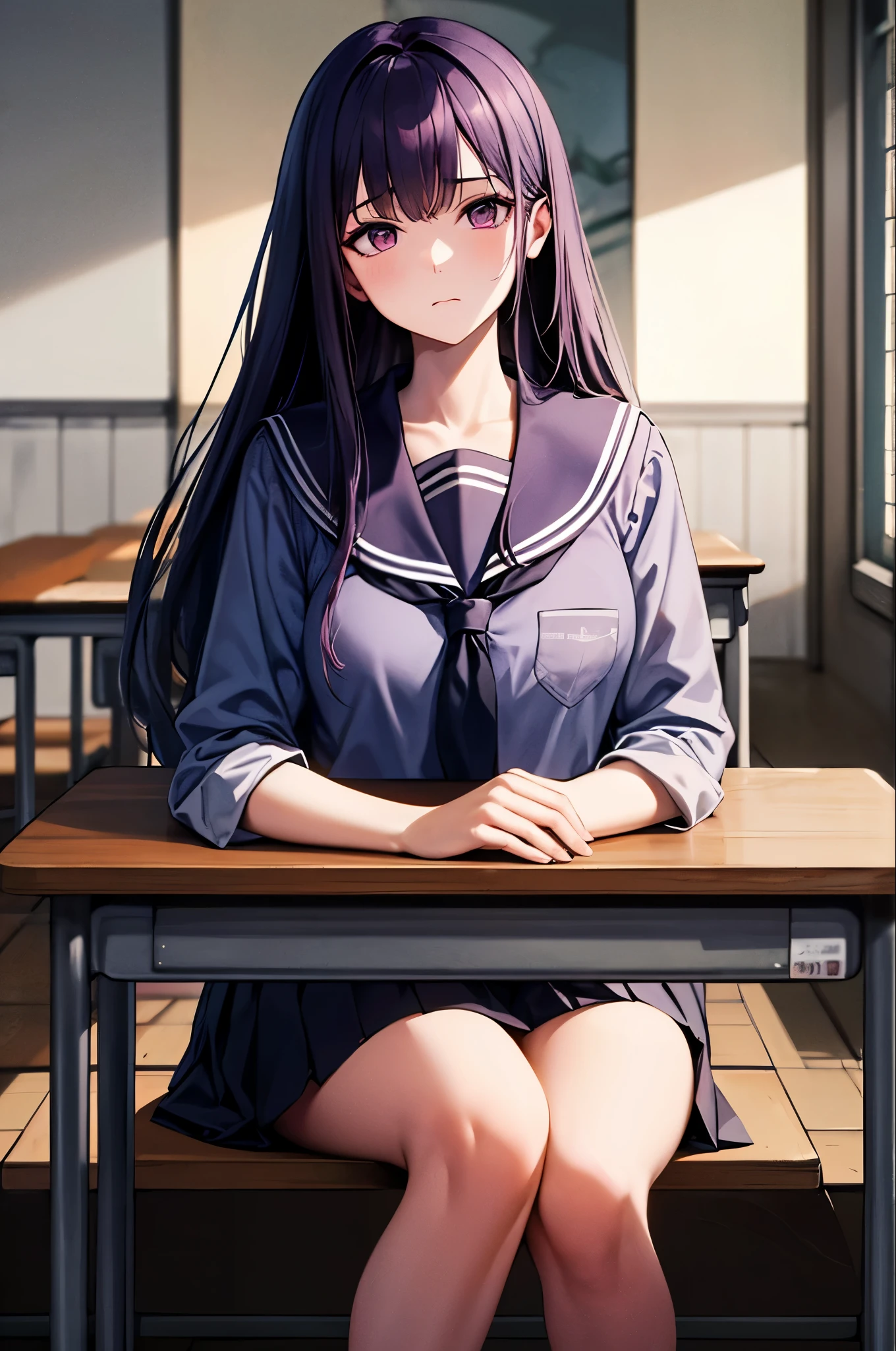 A young woman, 18 years old, with long purple hair, wearing a sailor uniform, sitting in a classroom (School 1.5 in the background) (Serious expression, Cold 1.5) (Highest quality: 1.1) (masterpiece: 1.3) with an unparalleled masterpiece, Surreal 8K, Perfect artwork, Super Detail, Highest quality, masterpiece 4K wallpaper aesthetics, masterpiece, Award-winning works, Official Art, Cinema Lighting