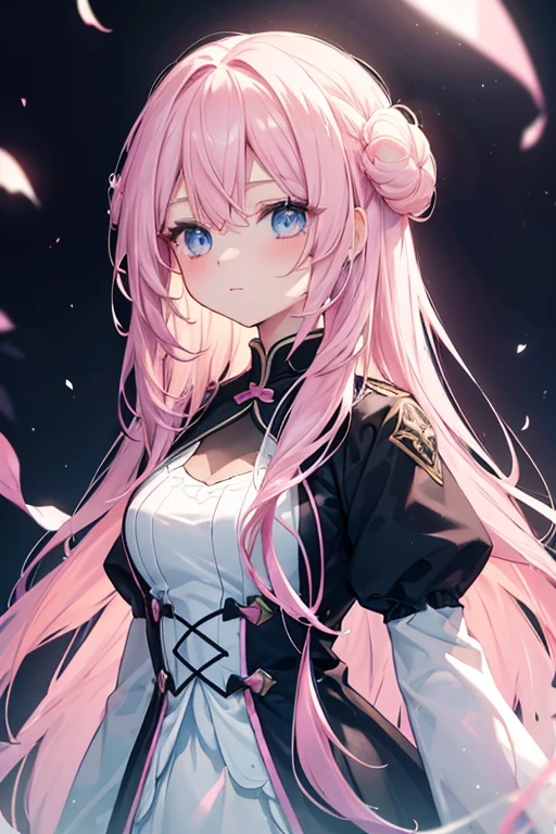 (Detailed Light, Detailed Shadows), 1 Female, Girl with long straight hair、Light pink hair、blue eyes、A white dress with a deep pink ribbon、Black lace pink hair, close, Portraiture, (明るいblue eyes), Very fine clothing, ((Modern Fashion)), Beautiful Hair, Muscular, Let your hair down, background:Very detailed, 美しいbackground, (Long Hair), compensate, Pokémon Trainer, White bloom on the head