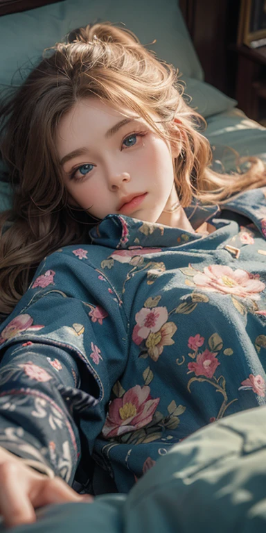 (masterpiece: 1.2, Portraiture, Highest quality), Realistic, (Live Action, Intricate details, Written boundary depth), Highest quality, masterpiece, Attention to detail, semi-Realistic, Girl sleeping in bed, shy, 21 years old, Short Blonde, blue eyes, pajamas, Slim figure、Canopy bed、 sleeping beauty,
