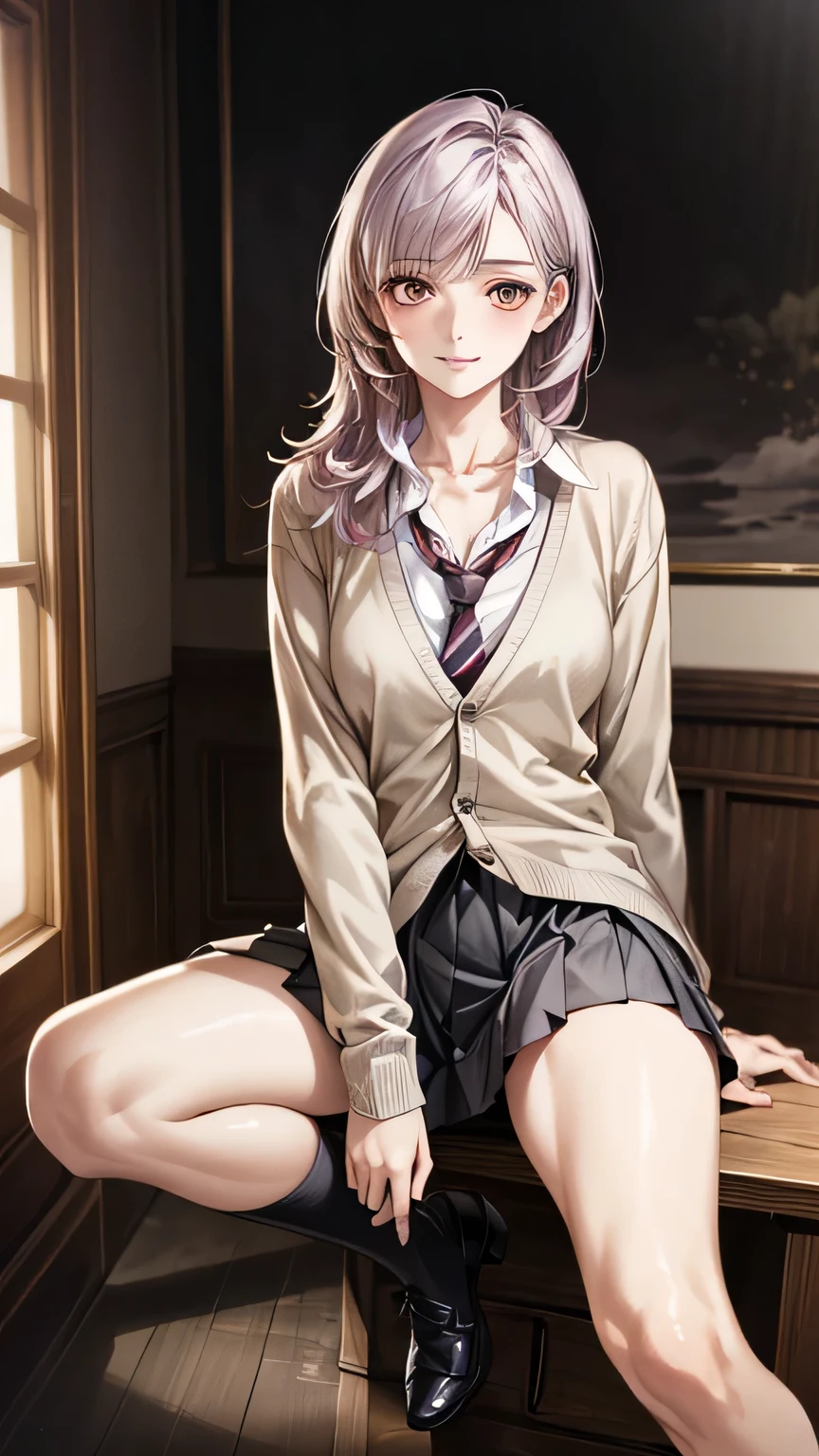 (masterpiece:1.2, Highest quality, Ultra-high resolution, Super detailed), (Realistic, photoRealistic:1.4), Beautiful illustrations, (Natural Side Lighting, Cinema Lighting),
View your viewers, whole body, 1 girl, Japanese, high school girl, Perfect Face, (Perfect Anatomy), Cute and symmetrical face, Baby Face, Glowing Skin, thin,
(Long Hair:1.5, Boyish short cut:1.5, Light purple hair), Swept-apart bangs, Golden Eyes, Droopy eyes, Big eyes, Long eyelashes, (Medium chest),
Beautiful Hair, Beautiful Face, Beautiful attention to detail, Beautiful clavicle, Beautiful body, Beautiful breasts, Beautiful thighs, Beautiful feet, Beautiful fingers,
((Detailed cloth texture, Long sleeve light brown cardigan:1.4, Light grey pleated skirt, White collared shirt), Dark red tie, White thigh high),
(Beautiful views), Daytime, (Downtown) sit, (spread knees), (Smile, Open your mouth), spread legs,lifted her skirt:1.5,She lifts her skirt to reveal her white underwear、Stand on both knees