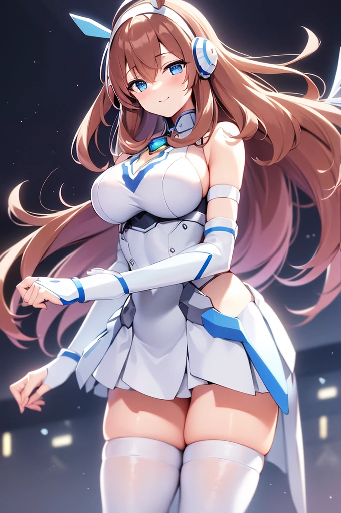 mecha wings、White and blue skirt、Accentuated thighs、White tights、chest、Beautiful brown hair、1 girl、solo girl、Thick thighs、IS、Frame Arms Girl、Alice Gere Aegis、White Armor、income、headphone、hand on own chest、smile