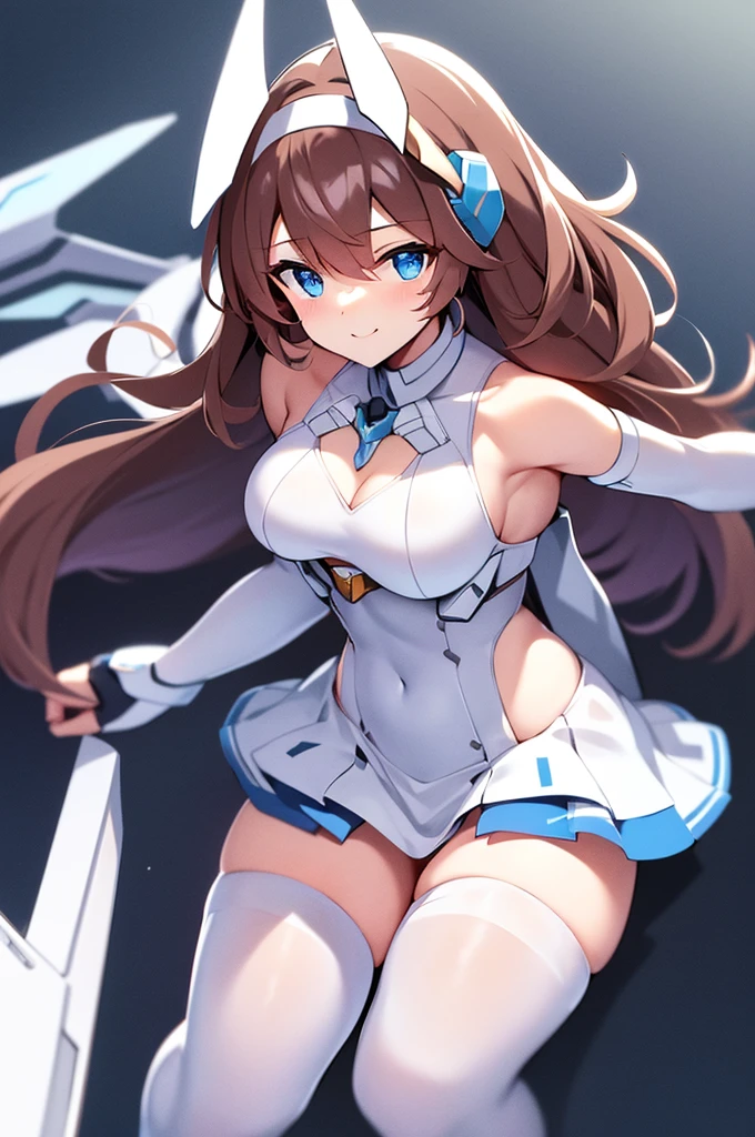 mecha wings、White and blue skirt、Accentuated thighs、White tights、chest、Beautiful brown hair、1 girl、solo girl、Thick thighs、IS、Frame Arms Girl、Alice Gere Aegis、White Armor、income、headphone、hand on own chest、smile