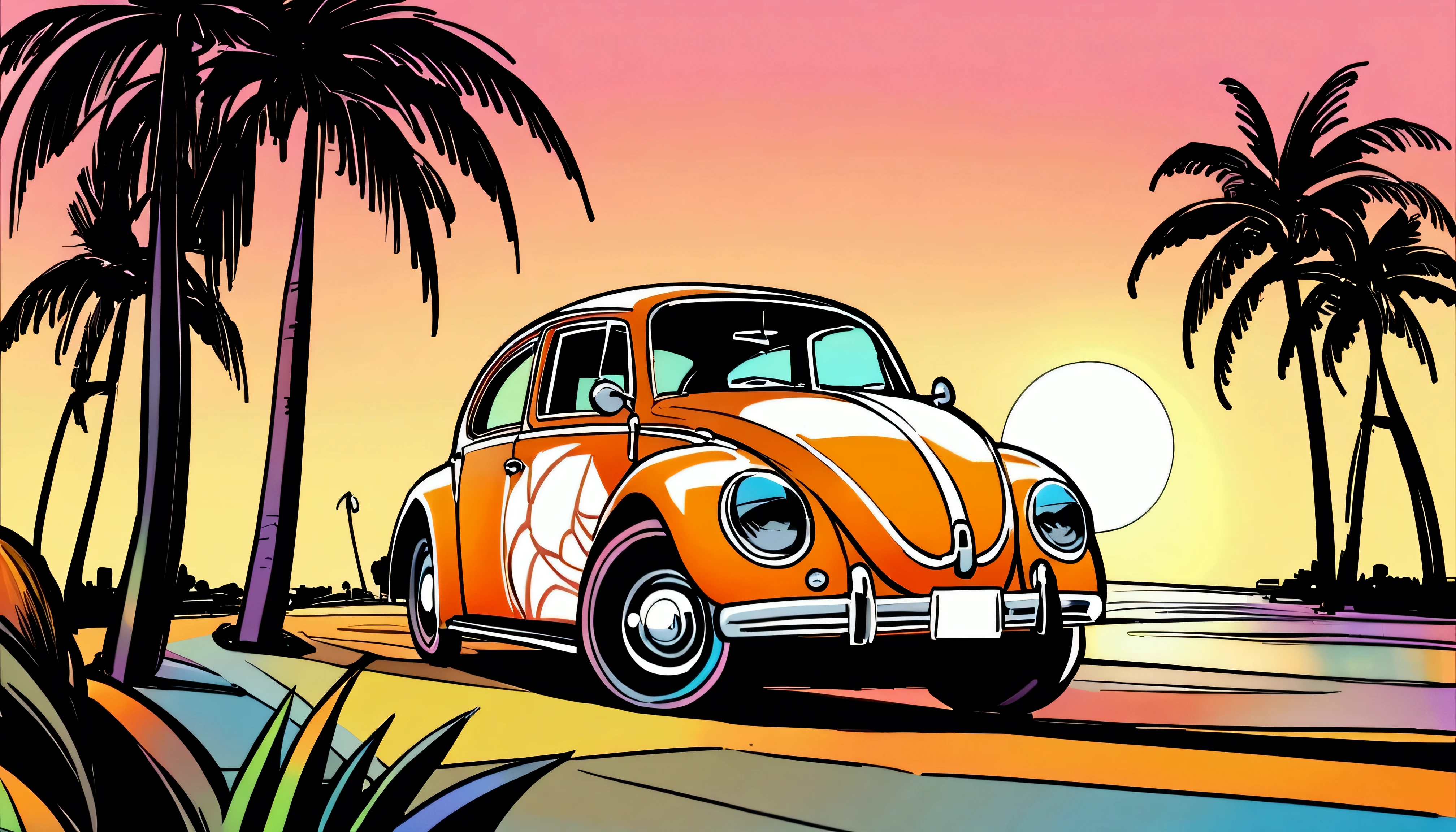 ((ＴShirt Design)), Volkswagen Type 1　beetle, Sunset background, Palm tree, Layers with 5 colors, Corner Street, Belek&#39;s Drums, Plethean, 