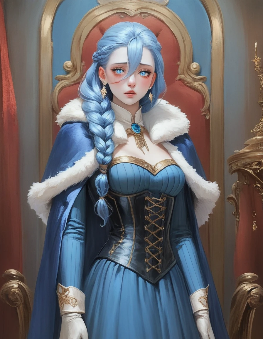 Nagasawa Rosetsu style, Yi yaegwan style, 1woman, blue hair, hair looks like stiffened needles of ice, long spike ice hair, large hair, left side braid, pale blue color skin, bluish light that faintly emanates from beneath skin, blue ice eyes, scars have ribbed patterns that appear almost like old wounds that didn't close right, clothed covered saggy breasts, hair between eyes, eyelashes, BREAK earrings, silver jewelry, mage clothes, mage robe, dress, corset, underbust, fur trim, blue cape, fur trimmed cape, long sleeves, gloves, BREAK arm at side, standing, BREAK castle's room, BREAK cowboy shot