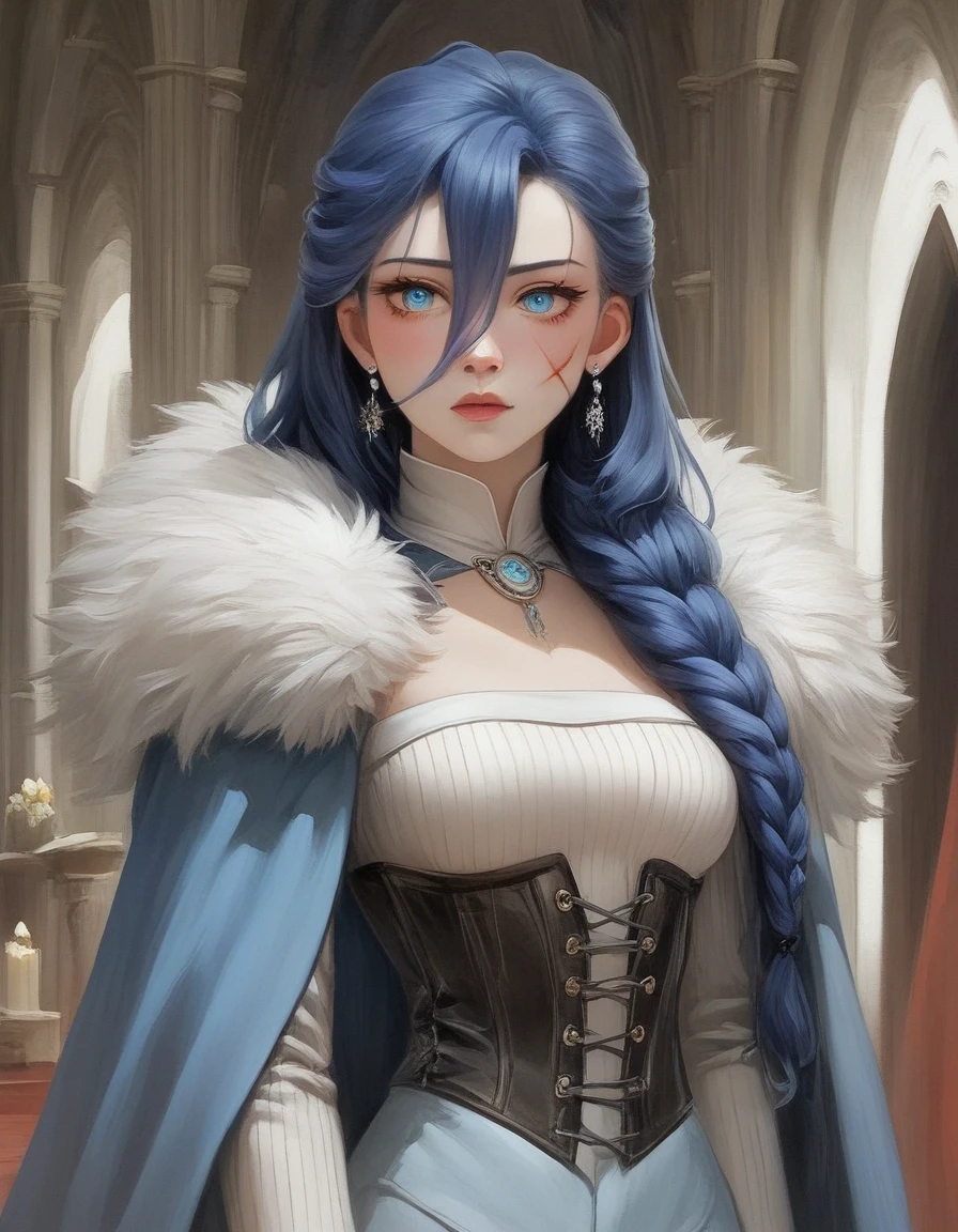 Nagasawa Rosetsu style, Yi yaegwan style, 1woman, blue hair, hair looks like stiffened needles of ice, long spike ice hair, large hair, left side braid, pale blue color skin, bluish light that faintly emanates from beneath skin, blue ice eyes, scars have ribbed patterns that appear almost like old wounds that didn't close right, clothed covered saggy breasts, hair between eyes, eyelashes, BREAK earrings, silver jewelry, mage clothes, mage robe, dress, corset, underbust, fur trim, blue cape, fur trimmed cape, long sleeves, gloves, BREAK arm at side, standing, BREAK castle's room, BREAK cowboy shot