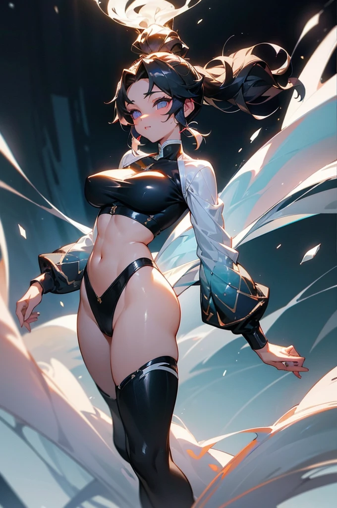 (whole body、Are standing、Head to Toe:1.3),(1 female:1.2),(Black Hair、High Ponytail、Muscular Woman:1.1),(Front lighting:1.2),with a Silver body and glitters with lights above,Extreme iridescent reflection,in the style of truth tracing,Vibrant manga,Shiny/ Shiny,rococo pastel,Fluid shape,Tiny Core,A fluid impression,truth,Mechanical Aesthetics,Yang Juncheng,Silver,Shiny eyes,Fluid shape.,Young warrior,hair ornaments, Large Breasts, belly button, Big Ass, Unparalleled beauty,Extraordinary sexy beauty,(Beautiful body like a model),Sexy pose,Very sexy outfit,Captivating look