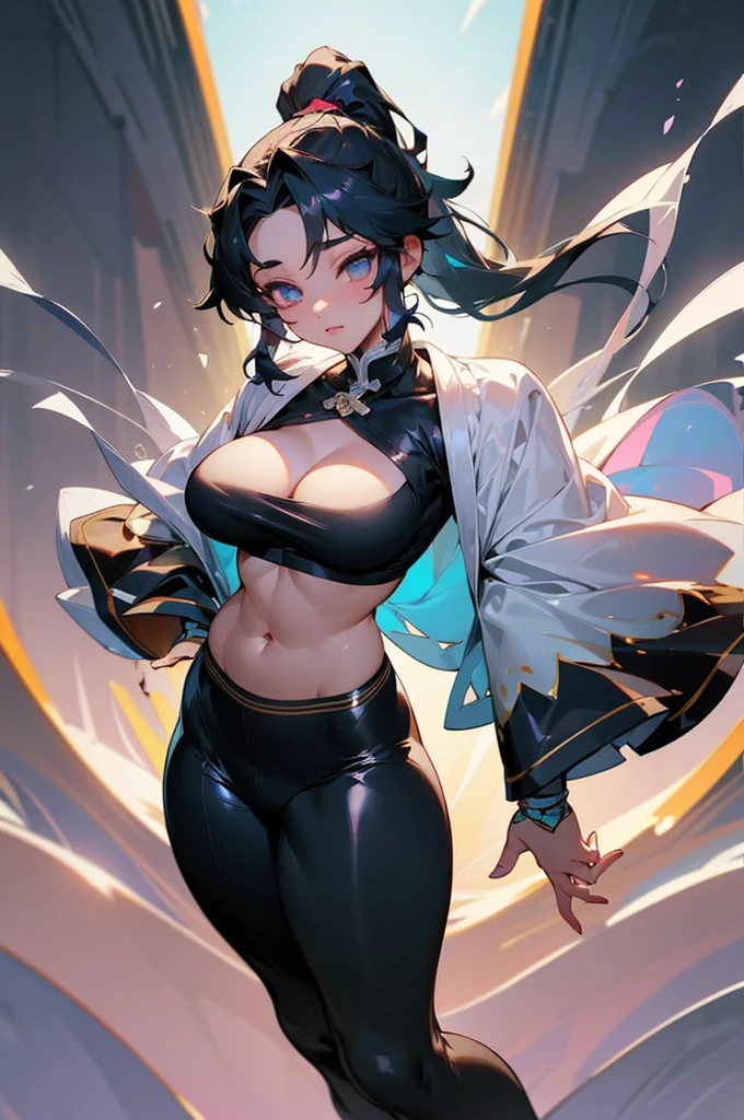 (whole body、Are standing、Head to Toe:1.3),(1 female:1.2),(Black Hair、High Ponytail、Muscular Woman:1.1),(Front lighting:1.2),with a Silver body and glitters with lights above,Extreme iridescent reflection,in the style of truth tracing,Vibrant manga,Shiny/ Shiny,rococo pastel,Fluid shape,Tiny Core,A fluid impression,truth,Mechanical Aesthetics,Yang Juncheng,Silver,Shiny eyes,Fluid shape.,Young warrior,hair ornaments, Large Breasts, belly button, Big Ass, Unparalleled beauty，Extraordinary sexy beauty，(Beautiful body like a model)，Sexy pose，Very sexy outfit，Captivating look