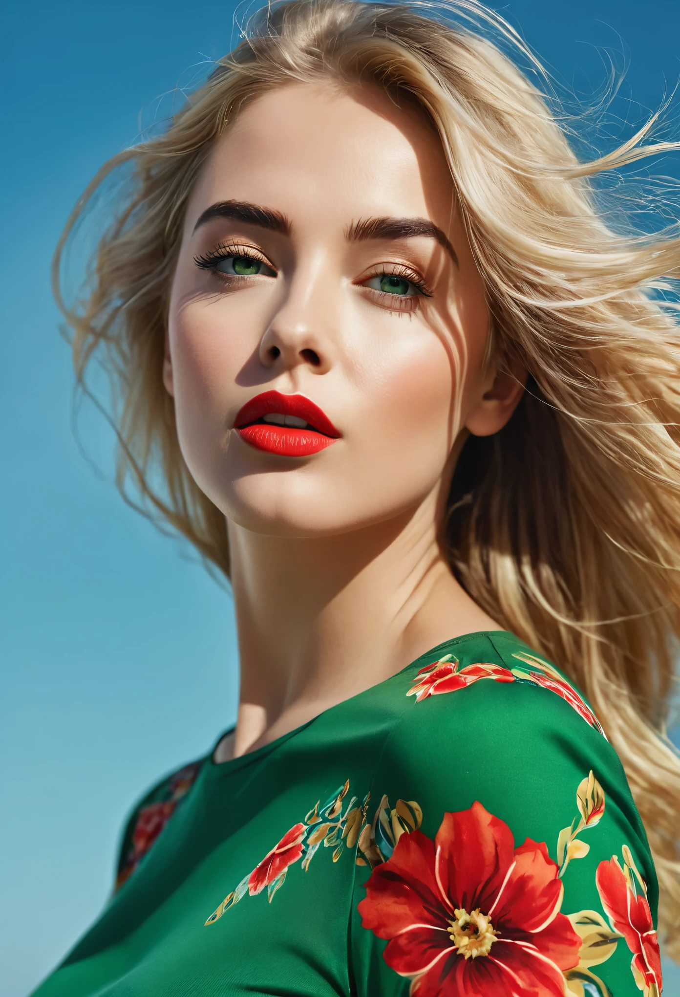 Create a super realistic image in 4K and Full HD of a young and beautiful woman. She should have long, blonde hair blowing in the wind, with a penetrating and confident gaze. Her eyes are light, and her eyebrows are well-defined. Her expression should be seductive and attractive, with lips painted in an intense red. She is wearing a green top with floral details. The image should capture her entire body, highlighting her posture and curves. Her skin is fair and flawless, and the lighting should accentuate the contours of her face and body. The background of the image should be simple and clear, with a blue sky in the background, to ensure all the attention is on the main figure