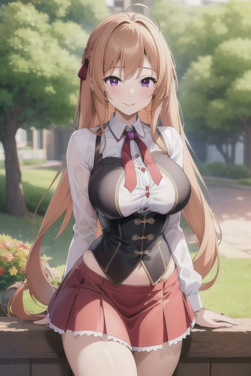 best quality, masterpiece, 1 Girl, Ray Tracing, Extremely detailed,Delicate face, 8k wallpaper, (Wide hips:1.2), Shido Rina_Newcastle disease virus, 1 Girl, Light brown hair, Double tail, Large Breasts, Very long hair, Purple Eyes, , shirt, Red Skirt, Corset, Smile, outdoor