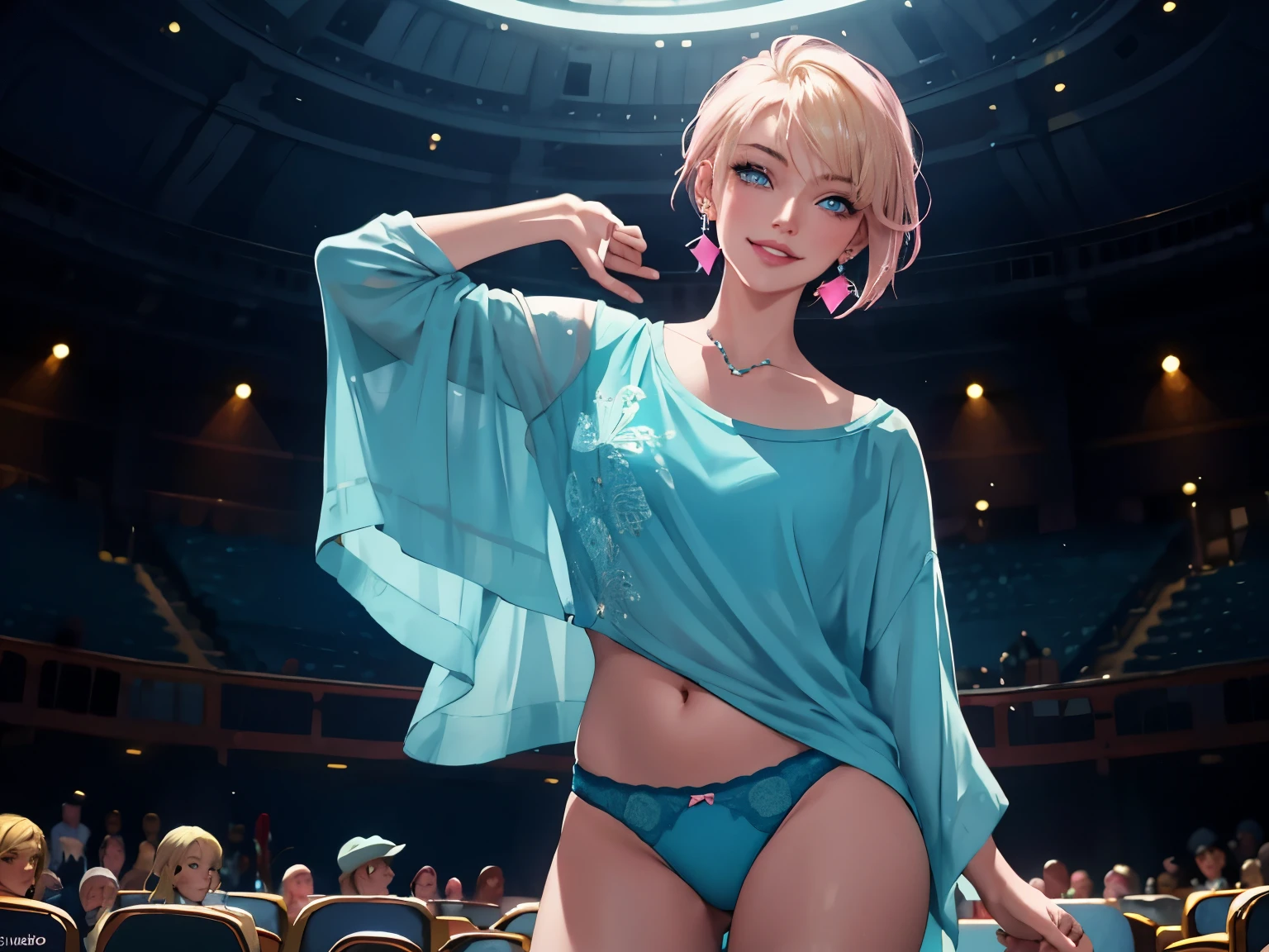  masterpiece, best quality, 1 Girl, 21 years old, Smile, Pink lips, Aqua eyes, Blue underwear, Large Breasts，Blonde Hair, Shut up, earrings, Looking at the audience, short hair, Solitary, Cowboy shooting, Put your hands behind your head, dim, dark, High contrast, Caustics 