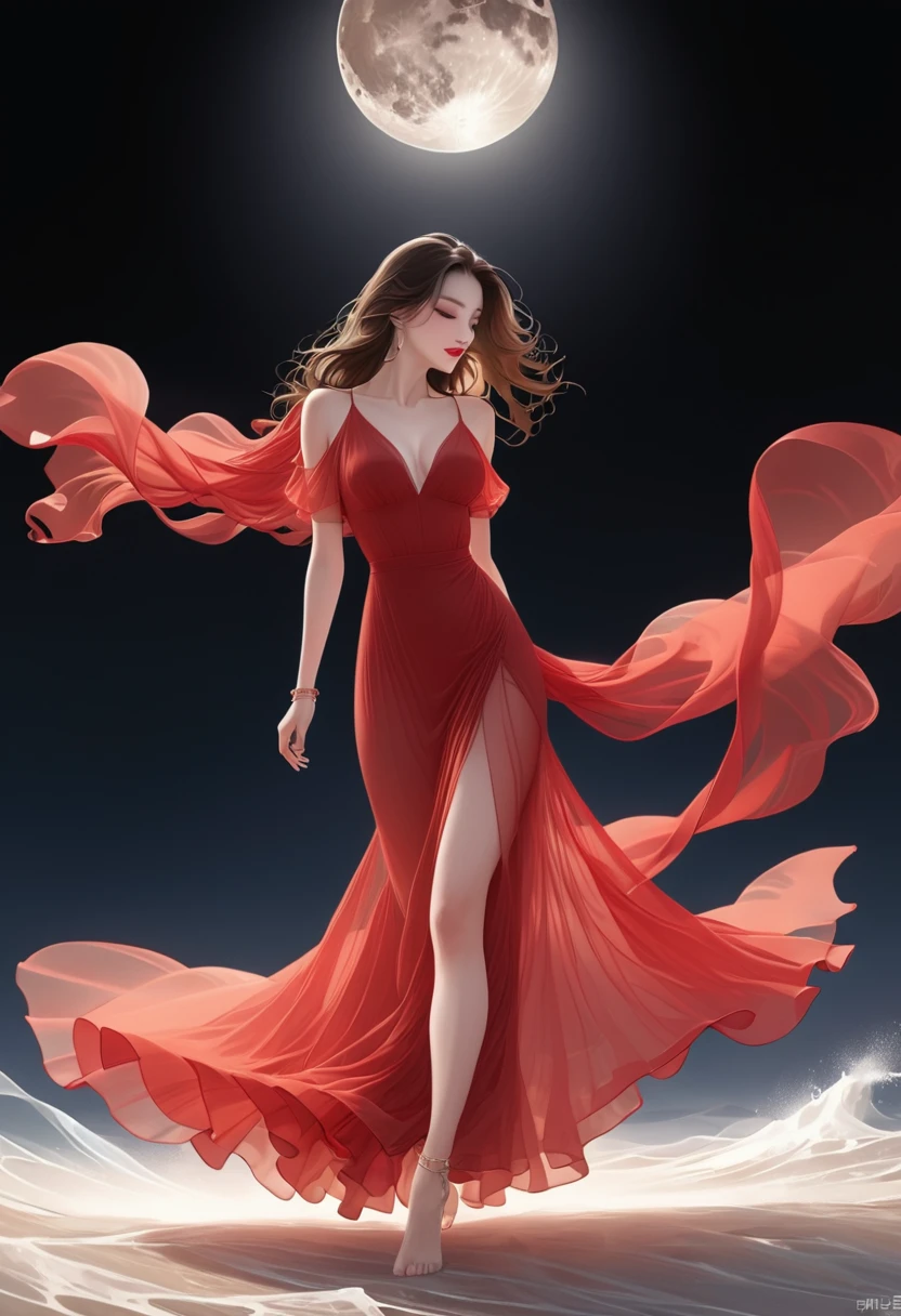 (masterpiece, best quality:1.2), a masterpiece, stunning detail, an action shot, low angle, (top quality)), ((masterpiece)), a long hair girl, transparent long red dress, dance remove with a man, lamps, brown hair, shirt, black hair, 1boy, cleavage, jewelry, remove, hetero, multiple couples, pants, looking at another, bracelet, transparent dress, ,outdoors, full moon, strong wind, outdoors, full body, starry sky, at sea,,outdoors,(remove:1.2),Red Lipoism Art Nouveau,Illustration style,
