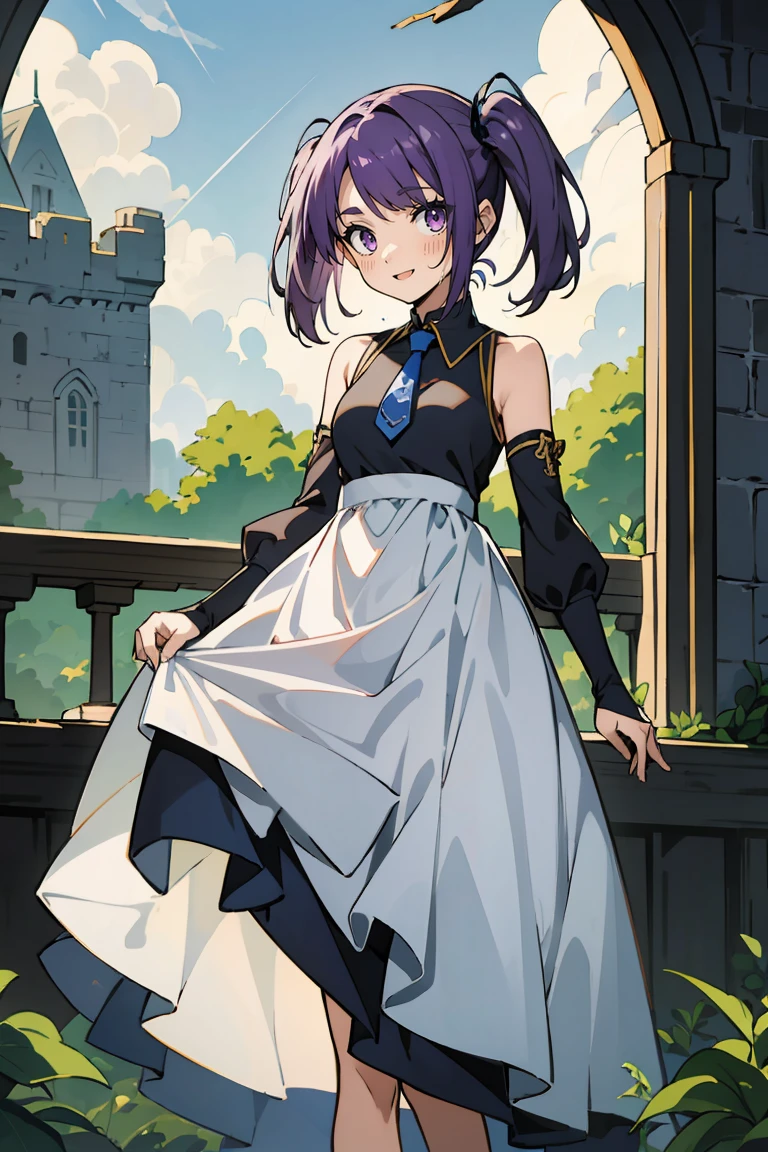 (masterpiece:1.2), (high quality:1.2), reo mikage, blue lock, girls with((1girl, solo, purple hair, (medium hair, right swept bangs, one side up:1.55), bare shoulder, blush, breasts, choker, cleavage, cowboy shot, collar, collarbone, rosary, cross, blue shirt, chinese shirt, white dress, sleeveless, collared shirt, collarbone, necktie, black sleeves, arm wears, elbow armwarmers, navy cheongsam, cinderella dress, long dress, frilled panniers, (open dress:1.34), black leggings, boots, sandals, bare legs, stands)), background with((fantasy world, ruin, castle, beautiful sky, shining sky, sunshine:1.35))