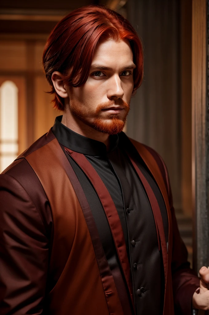 Generates a red-haired and dark-haired man, with monk suit
