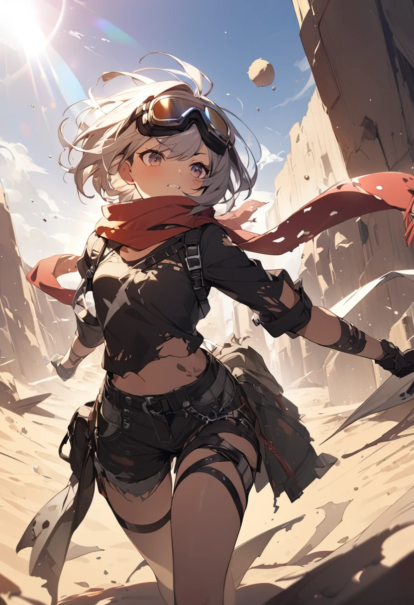 desert、punk。Tattered clotheasterpiece,Highest quality)),One girl,Beautiful attention to detail,Short Hair、Dynamic composition、Wearing a scarf、Wearing dust goggles、Strong sunlight