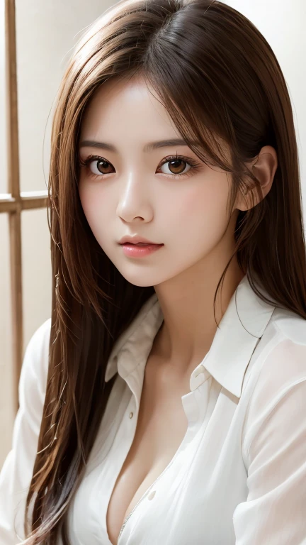 masterpiece、Highest quality、High resolution、Tabletop、wallpaper、Realistic、Bright lighting、Professional Lighting、Face Light、Smooth lighting、Japanese women、20-year-old、Beautiful woman、action、gravure、sexy、Open collar shirt、so beautiful、Beautiful Skin、Beautiful and detailed、Detailed face、slim、moderately、Beautiful long hair、Brunette Hair、Dark brown eyes、Looking at the camera、Upper Body、cleavage 、messy hair