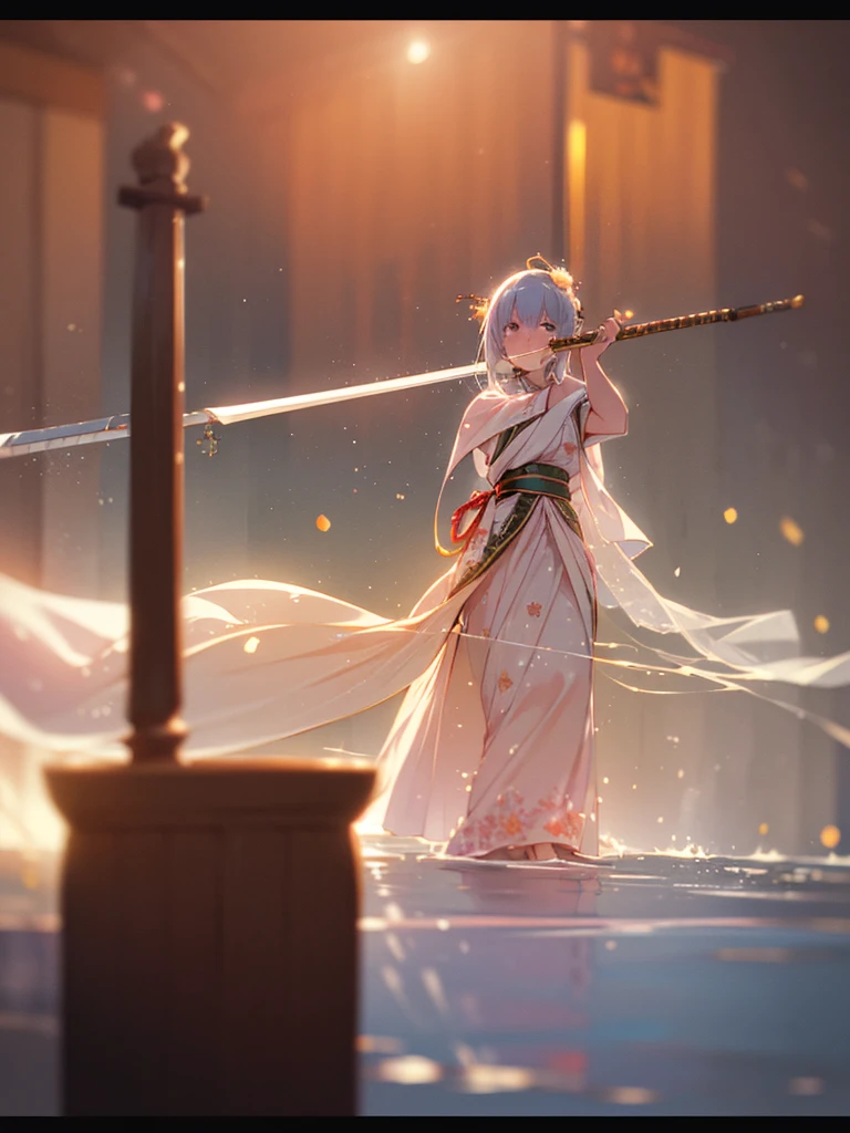 (Sumilux f1.4 50mm , low Latitude old color negative film , cross process , bokeh, flare, chromatic aberration , soft focus, (Shallow focus) , soft glow , Maximum aperture, High Key , Transparent depiction)  , A toilet girl fighting with a naginata