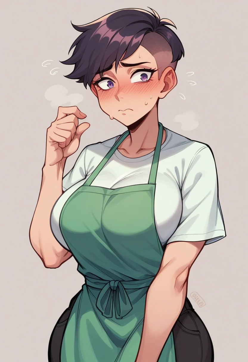 Kind Face,Embarrassed face、blush、Powerful、Grandinos,Sensual,woman,25 years,sexy,apron,Grand Bust,voluminous body,Exercised,Broad shoulders、clavicle,Curvy,Big Breasts,alone,whole body,Grant Lacerro,Caderona,Big Hips,Perocorto Pixie Cut