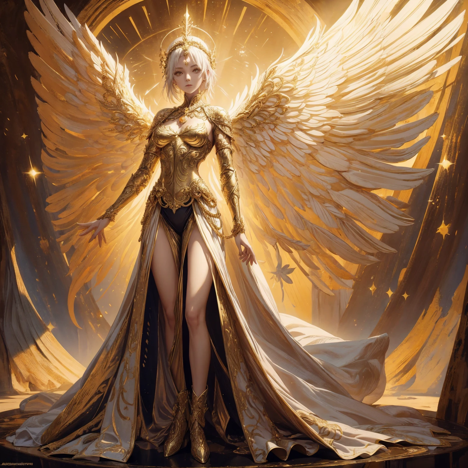 Art of Woman Wearing Sun Crown, Wearing a gorgeous golden breastplate that exposes a small amount of skin above the chest, Wearing a gorgeous golden dress, A pair of giant angel wings taller than the body spread out behind the woman., ancient goddess art, Sacredness. Very detailed, Mysterious inspiration, Inspiration from the Sun God, Religious inspiration, A divine background, Cold and snobbish face, Dangerous expressions, White hair, Standing pose floating in the air, Full body portrait, Gothic art style, Weird art style, Occult art