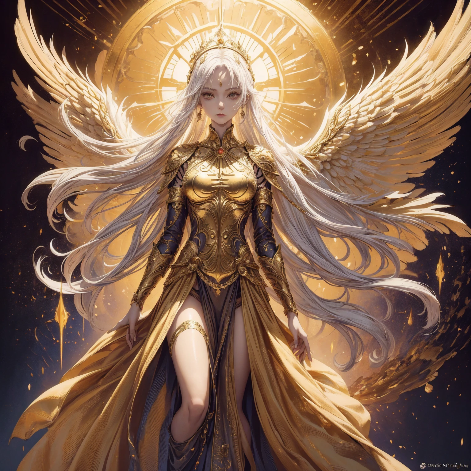 Art of Woman Wearing Sun Crown, Wearing a gorgeous golden breastplate that exposes a small amount of skin above the chest, Wearing a gorgeous golden dress, A pair of giant angel wings taller than the body spread out behind the woman., ancient goddess art, Sacredness. Very detailed, Mysterious inspiration, Inspiration from the Sun God, Religious inspiration, A divine background, Cold and snobbish face, Dangerous expressions, White hair, Standing pose floating in the air, Full body portrait, Gothic art style, Weird art style, Occult art