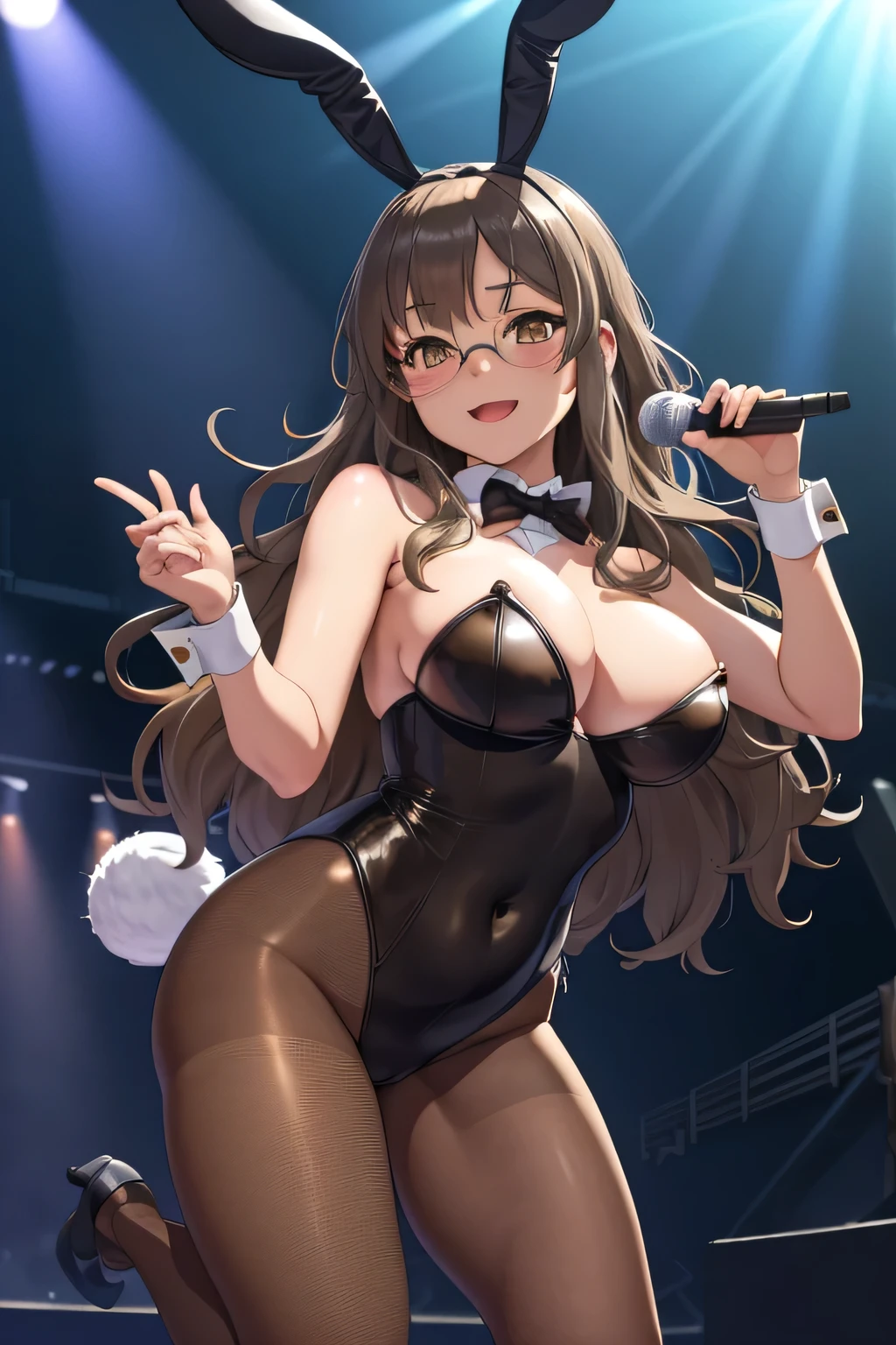 riofutaba, highres, highest quallity, illustration,  ultra detailed, (detailed face), (detailed eyes), soft lighting, best quality, hyper detailed, masterpiece, 1girl, solo, outfit3, ashe brown hair, long hair, brown eyes, huge breast, glasses, leotard, playboy bunny, bow tie, rabbit ears, pantyhose, wrist cuffs, luminous eyes, large breasts, (colorful), upper body, looking at viewer, singing, smile, indoors, on stage, performance, stage lights, spotlight, holding microphone, leaning forward
