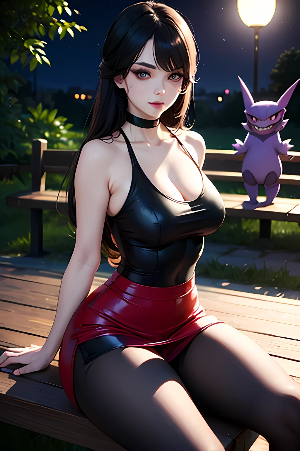 (masterpiece), perfect face, expressive eyes, beautiful makeup, voluptuous woman, toned physique, pale white skin, black long hair, red shining eyes, Sabrina Saffron City Gym Leader Pokémon series, red leather jacket, black tank top, red leather skirt, gothic style, Gengar Tattoo on arm, holding a pokeball, sultry, sitting, bench, park, night, smiling, cute, adorable, ((surrounded by Gengar, Haunter and Ghastly)), Pokémon Gym Leader, sexy pose,