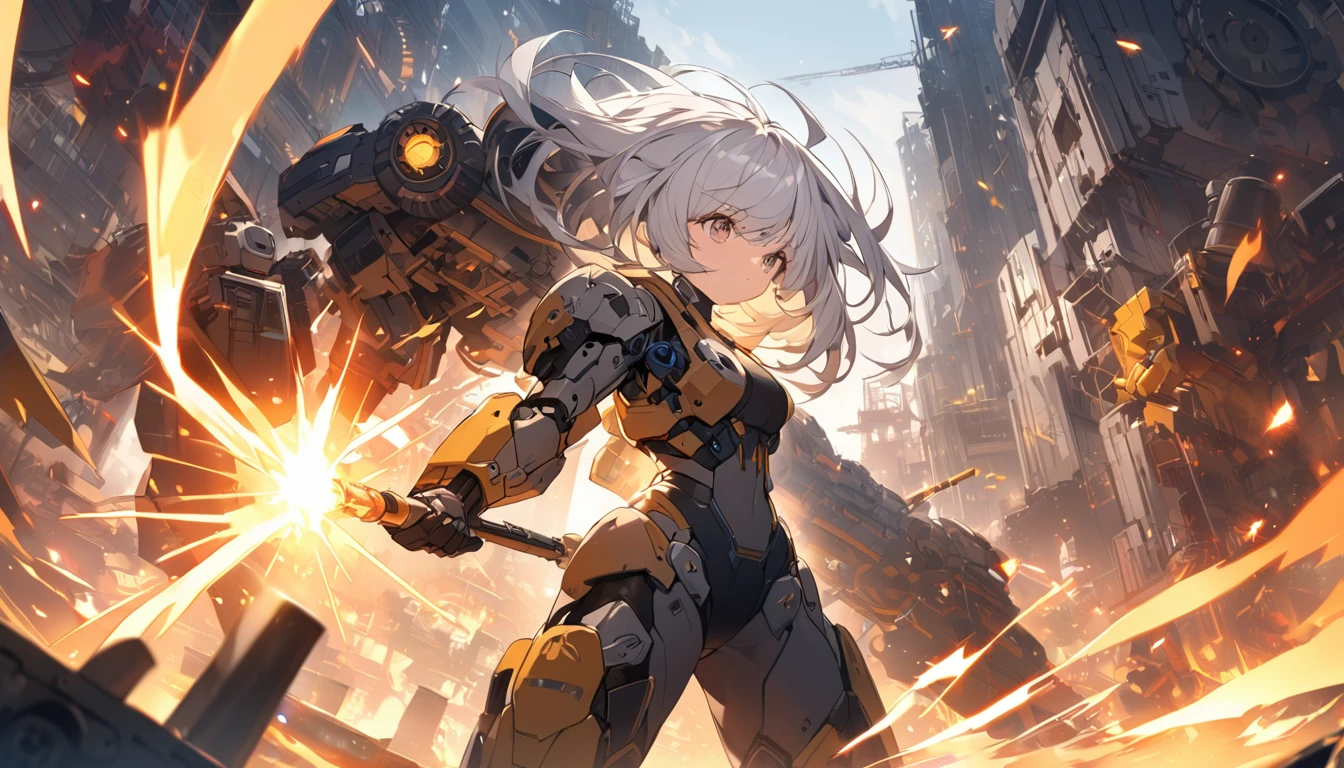 mysterious。White Hair Girl。詳細なbackground：Machine Kingdom Warrior:

background：Machine City、A complex factory area with gears and pipes。
White Hair Girl：Mechanical suit、Energy sword in one hand。Has a jetpack on his back。
effect：エネルギーソードから放たれる光のeffect、Sparks floating around the girl。
