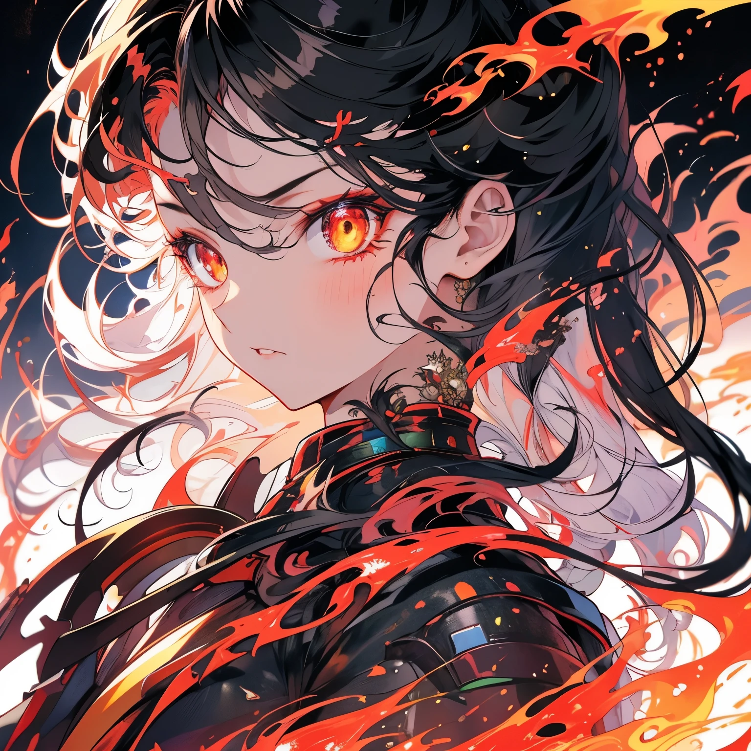 Masterpiece,Black Hair、Apollo, the Sun God、Detail eyes、Serious face、Red eyes,Upper Body、Burned clothes, burn背景、burn、(((Lots of flames)))
