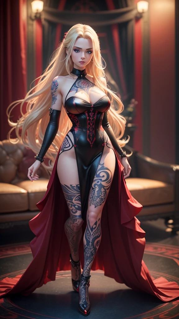 Create a hyper-realistic 3D image of a beautiful blue-eyed woman ,long blonde hair ,dressed in an intense red and black party outfit with many beautiful and spectacular tattoos on her arms and spectacular legs on her body spectacular party setting ,she is beautiful ,the image must be perfectly detailed, applies HDMI technologies, 1200 dpi and full definition
