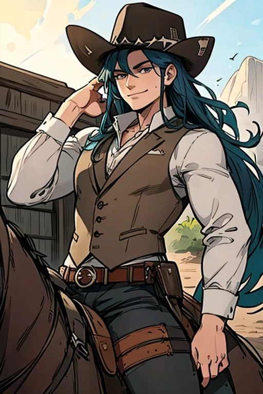 Perfect face. Perfect Hands. A muscular blue haired cowboy with gray eyes with long hair in a sheriff's outfit is riding a horse through a wild west town with a big smile
