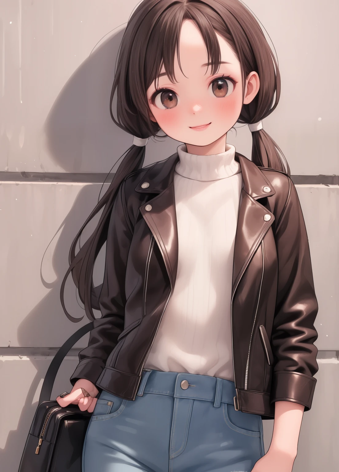 (masterpiece、Highest quality、Highest quality、Official Art、Beautiful and beautiful:1.2)、(One girl:1.3)Hatsune Miku、Twin tails,Beautiful breasts, photograph, Ultra-realistic, Extremely detailed, masterpiece, Highest quality, Perfect Skin,Day焼け肌, One girl, alyxvance,Day, Are standing, Leaning against a wall, Dutch Angle,Modern city, jeans, leather jacket,Long sleeve, Brown eyes,smile, Happy, Portraiture, Upper Body, Brown lipstick,Shiny Hair, Handbag