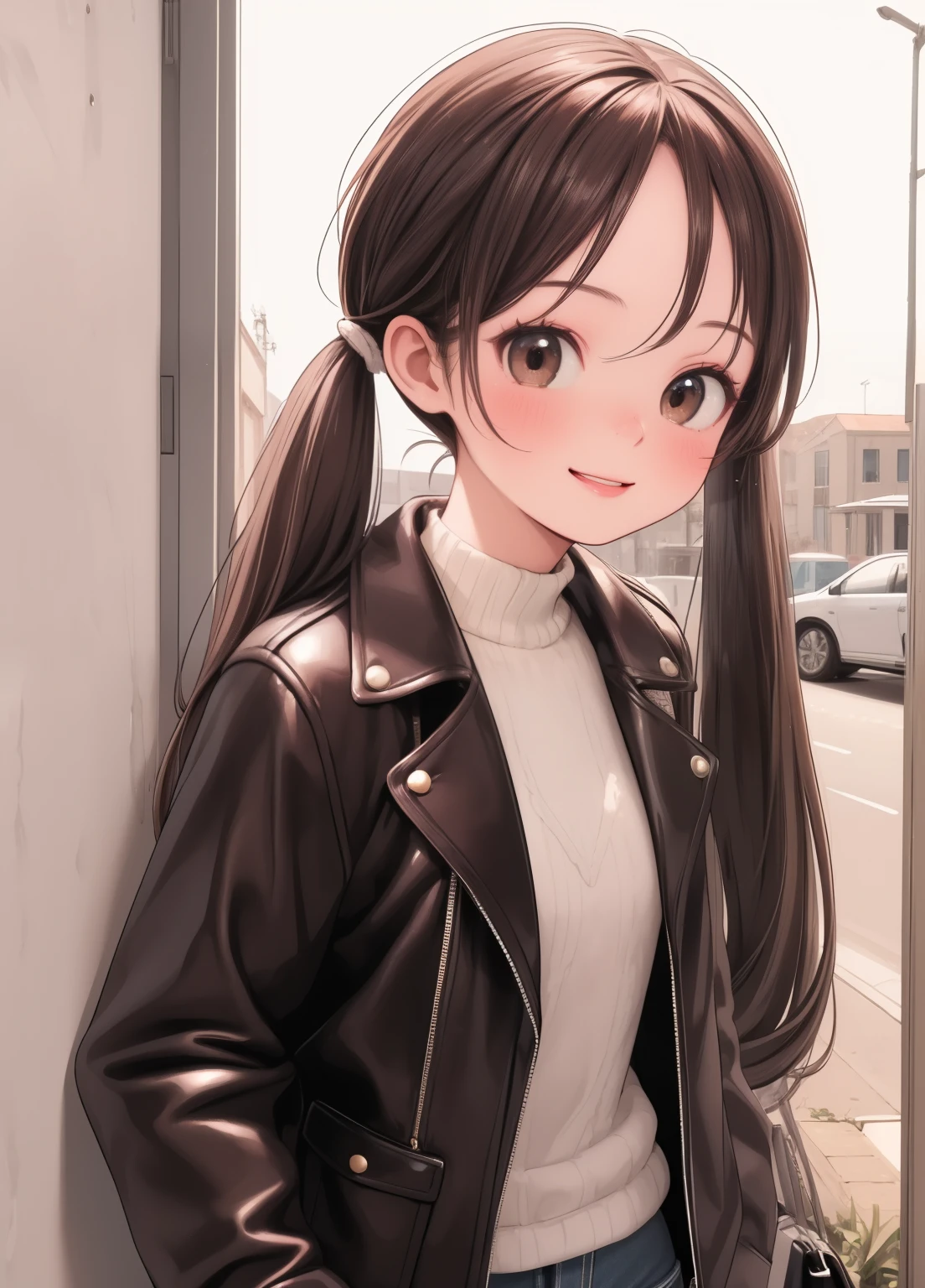 (masterpiece、Highest quality、Highest quality、Official Art、Beautiful and beautiful:1.2)、(One girl:1.3)Hatsune Miku、Twin tails,Beautiful breasts, photograph, Ultra-realistic, Extremely detailed, masterpiece, Highest quality, Perfect Skin,Day焼け肌, One girl, alyxvance,Day, Are standing, Leaning against a wall, Dutch Angle,Modern city, jeans, leather jacket,Long sleeve, Brown eyes,smile, Happy, Portraiture, Upper Body, Brown lipstick,Shiny Hair, Handbag