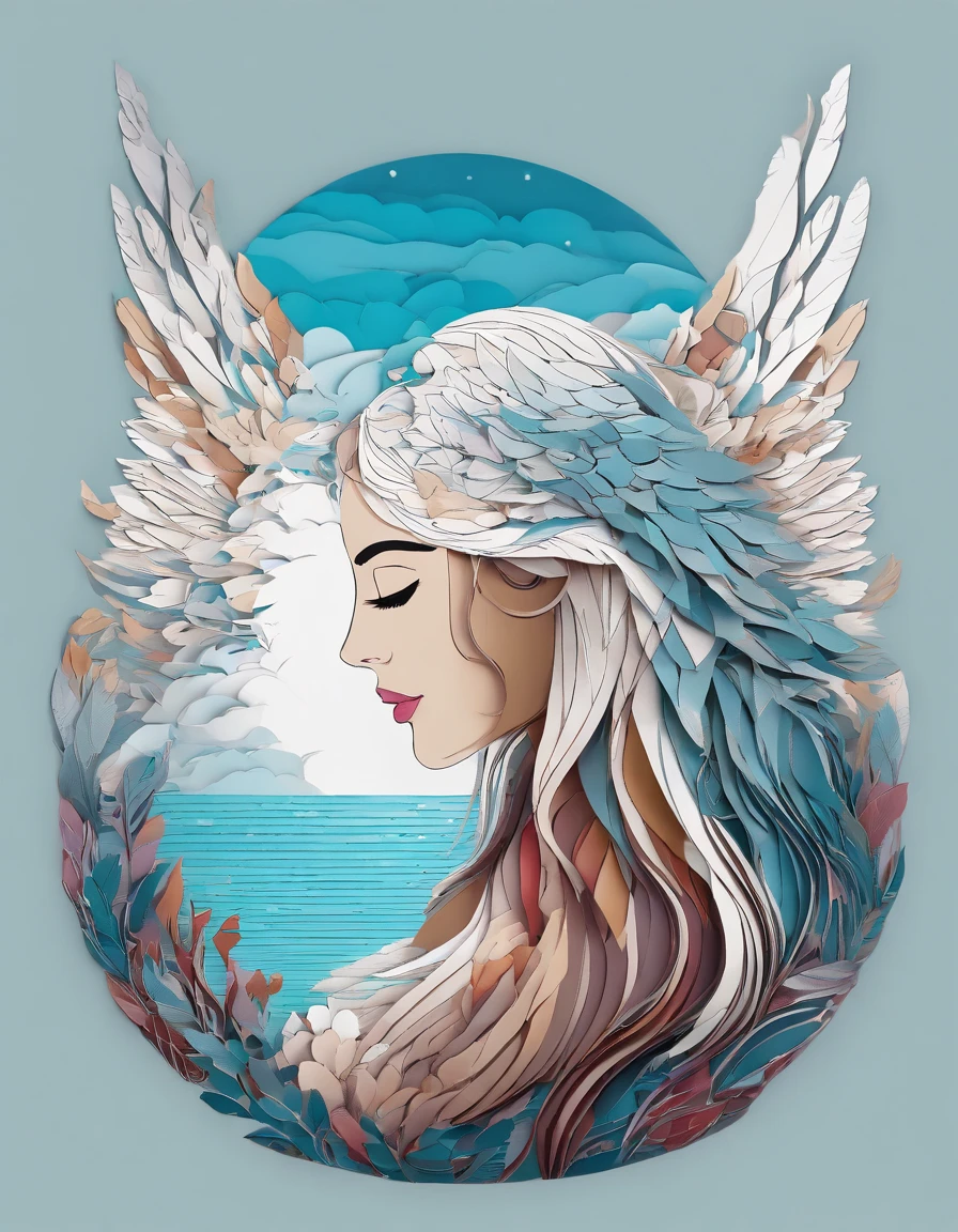 (((3D impressionist illustration, The face is precise))), A Russian girl in her early 20s with ash grey hair, Head to toe full body, Low Contrast, A pure fallen angel descending onto the clear blue water, A multitude of colorful feathers flutter behind her