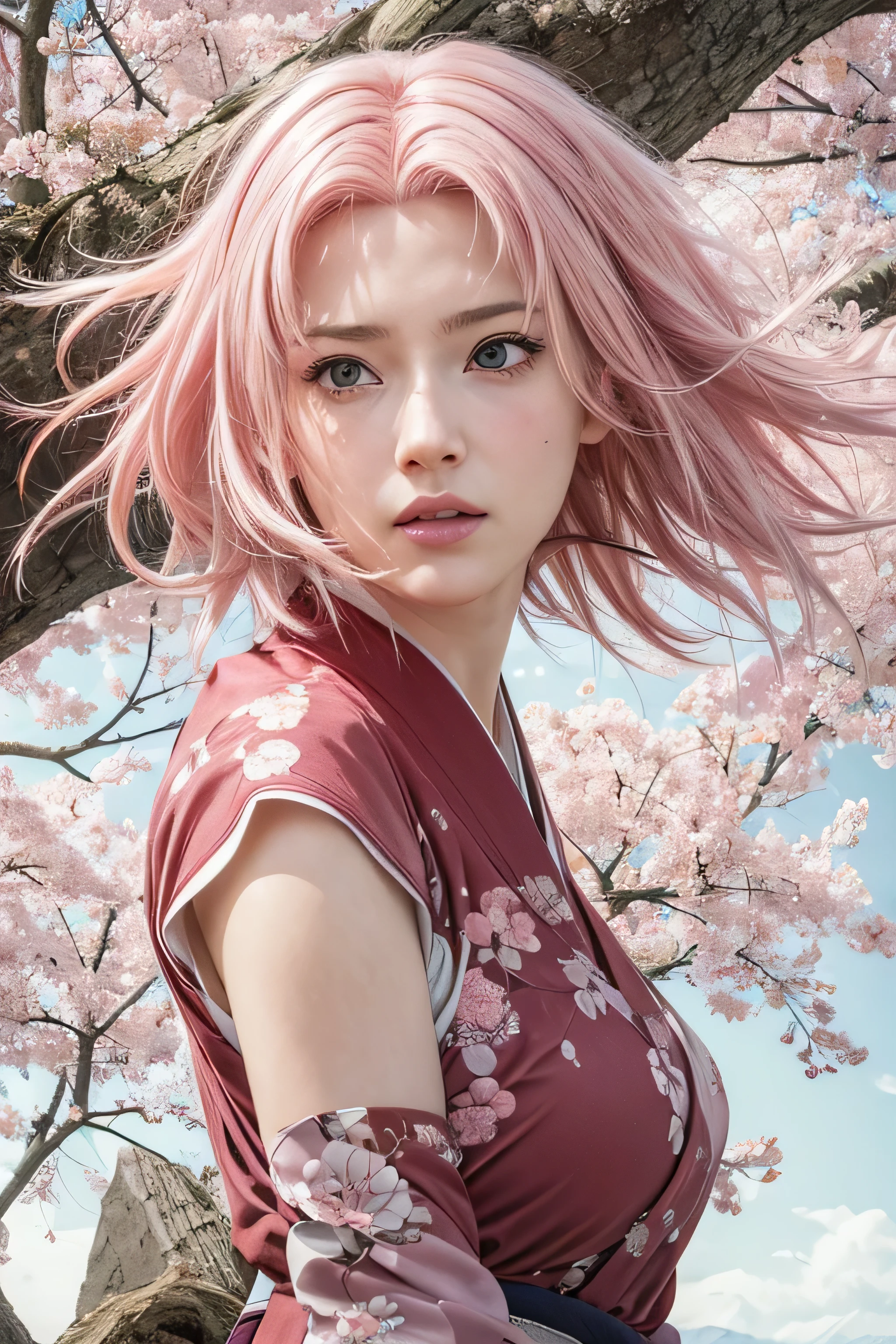masterpiece, best quality, (realistic,photo-realistic:1.4), (RAW photo:1.2), extremely detailed CG unity 8k wallpaper, delicate and beautiful, amazing,finely detail, official art, absurdres, incredibly absurdres, huge filesize, ultra-detailed,extremely detailed eyes and face,light on face,sakura haruno,(little smile),(pink hair:1.4),(short hair:1.4),(wearing red kimono:1.4),(nature  background:1.4),(messy hair:1.5),( girl:1.5),sleeveless