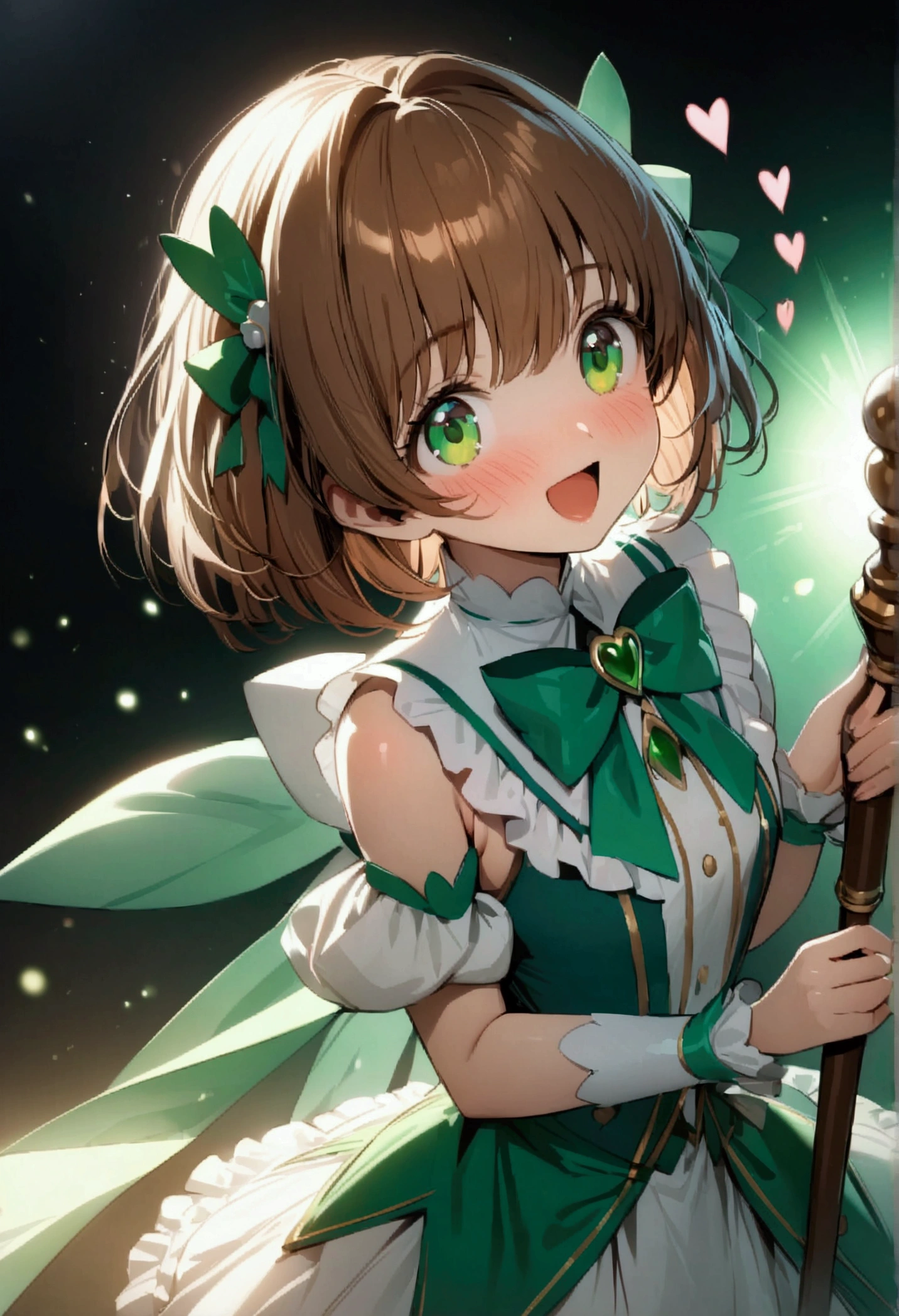 ((greatest masterpiece, ultimate quality, ultra-detailed, movie lighting, perfectly sensual:1.5, pov:1.5, 🔞🔞)), 1girl, super fine illustration, an extremely delicate and beautiful, 8K, Sakura Kinomoto\(Cardcaptor Sakura\), chestnut brown hair, short hair, emerald green eyes, perfectly sensual mini magical girl outfit, staff, excitement, heart eyes, cheerful smile, delicate features, magical scene, flustered face, background sparkles, blushing cheeks, bow :d different poses,