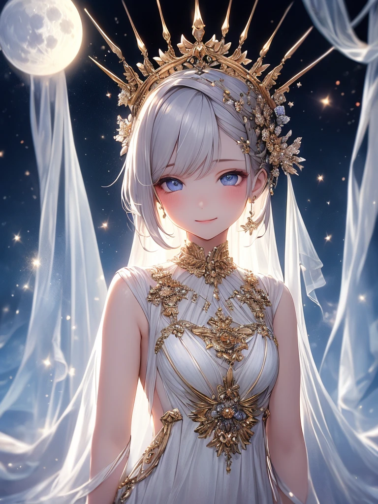 (masterpiece:1.2),(4k),high quality,(perfect ),(Accurate fingers),(1 girl),(goddess of the moon),Artemis,silver long hair,beautiful detailed blue eyes,a shy smile,(bioluminescent dress),Undeservedly beautiful,dreamy romantic,fantastic and dreamy theme,mysterious atmosphere,enchanting dream,fantastical scenes,Add a dramatic and symbolic element to your scene,(in holy shrine)
