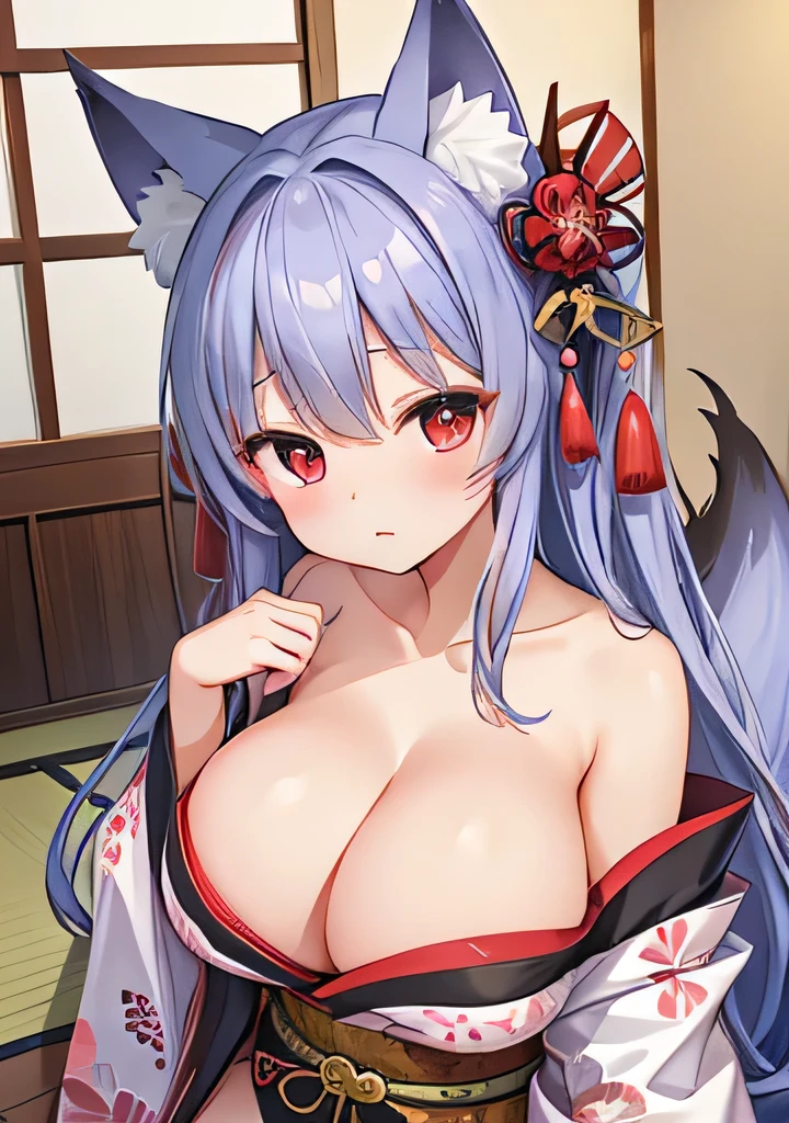 Highest quality、Fox ears、Red Eye、Big Breasts、Cleavage、Panty shot、kimono、Japanese-style room、