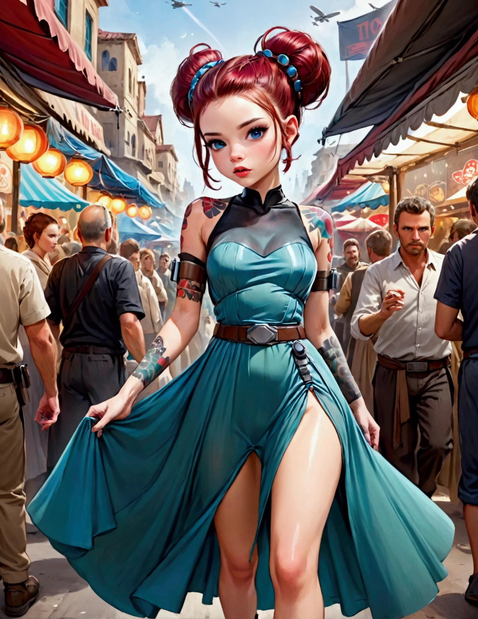 (Star Wars Punk) A lovely woman in an airy dress is moving through crowds of ruddy aliens, marketplace on tattooine