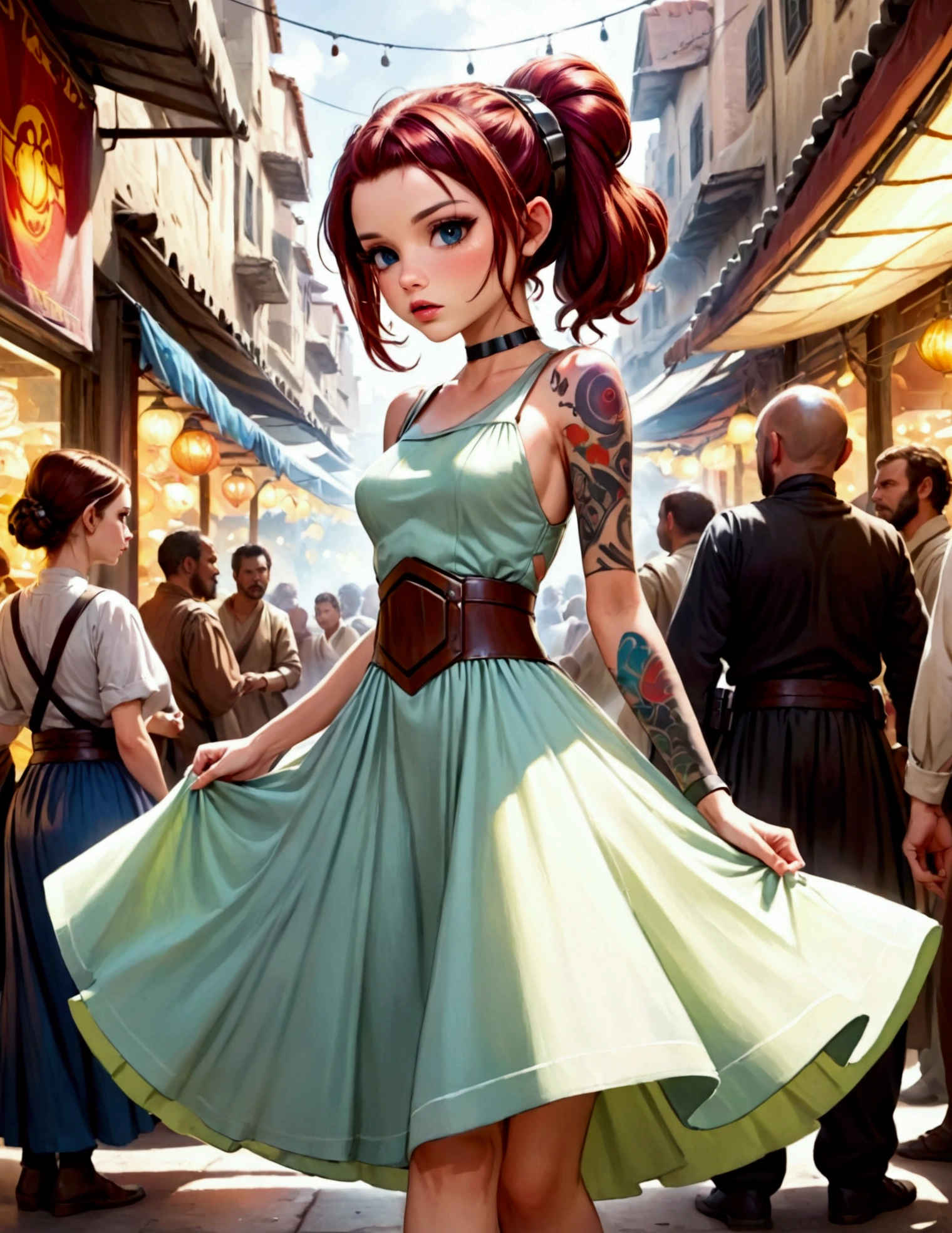 (Star Wars Punk) A lovely woman in an airy dress is moving through crowds of ruddy aliens, marketplace on tattooine