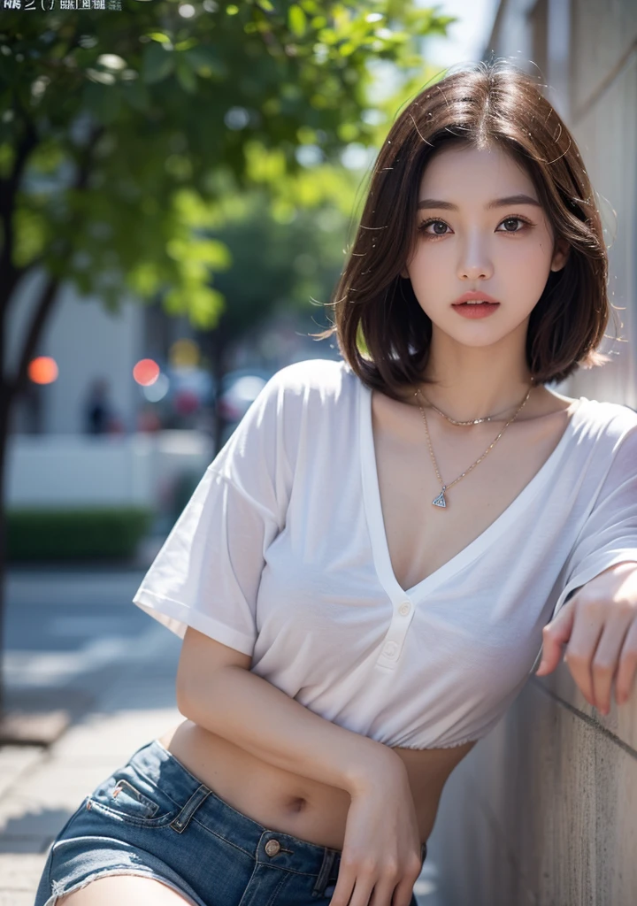 (8k、RAW Photos、Best image quality、masterpiece:1.2)、(Realistic、Photorealistic:1.37)、One girl、Japanese、28 years old、rain、Cityscape、street、Natural light、Photon Mapping、Radio City、whole body、Detailed aspect、Detailed lips、Detailed Iole Skin、double eyelid、Dark brown hair、、(Tight shirt、rainに濡れたシャツ)、(Shorts、rainに濡れたShorts)、necklace、Perfect body、Sexy look、Sexy pose、Make eye contact with the camera