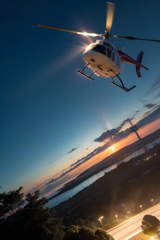 A helicopter malfunctioned in the sky, Surrealism, cinematic lighting, stereogram, projected inset, dutch angle, vanishing point, Sony FE GM, UHD, masterpiece, highres