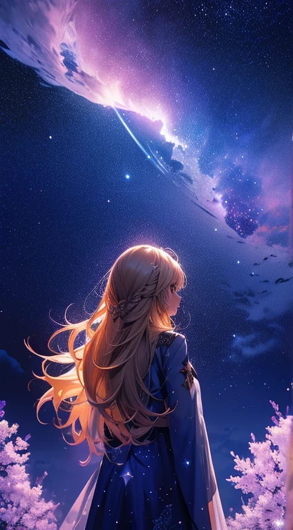 1people々々々々々々々々々々々,Blonde long-haired woman,Fairy, Dress Silhouette, Rear View,Space Sky, Ice World,Colorful flowers,shooting star々,