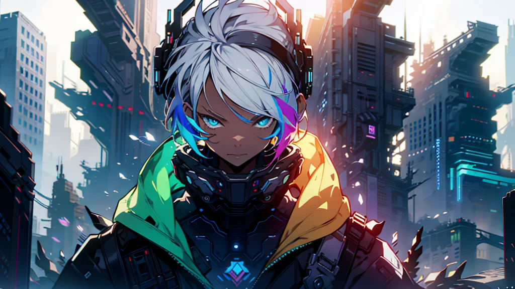 Cyberpunk Girl、Fantasy World、Dark Background、Overwatch、Clean Design、Magnificent Instagram、Art Station、colorful paint splash、outline、Very detailed、Unreal engine、Fantastic and intricate details、Splash screen、Complementary Color、Fantasy Concept Art、8k resolution、Deviant masterpieces、oil、Intense Strokes、Dripping Paint、(Isolated on white background:1.3)、Rainbow Skin、Neon cityscape background、short hair、Leaning forward