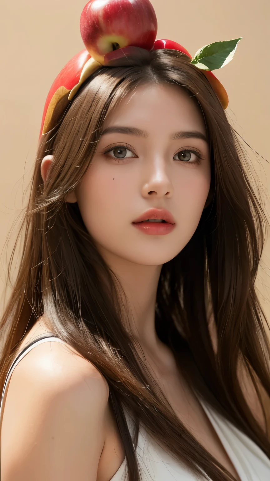 (Real, Highest quality, High resolution :1.3), One girl with a perfect body, Very beautiful face and eyes, Medium Long Hair, (Wearing an apple on his head:1.2), Apple peel, honey,
