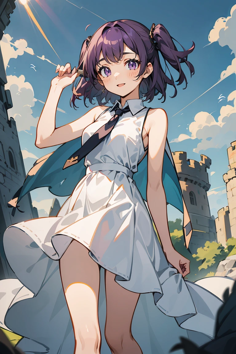 (masterpiece:1.2), (high quality:1.2), reo mikage, blue lock, girls with((1girl, solo, purple hair, (medium hair, right swept bangs, one side up:1.55), bare shoulder, blush, breasts, choker, cleavage, cowboy shot, collar, collarbone, rosary, cross, blue shirt, chinese shirt, white dress, sleeveless, collared shirt, collarbone, necktie, arm wears, elbow armwarmers, blue cheongsam, princess dress, long dress, frilled panniers, (open dress:1.34), black leggings, boots, sandals, bare legs, stands)), background with((fantasy world, ruin, castle, beautiful sky, shining sky, sunshine:1.35))